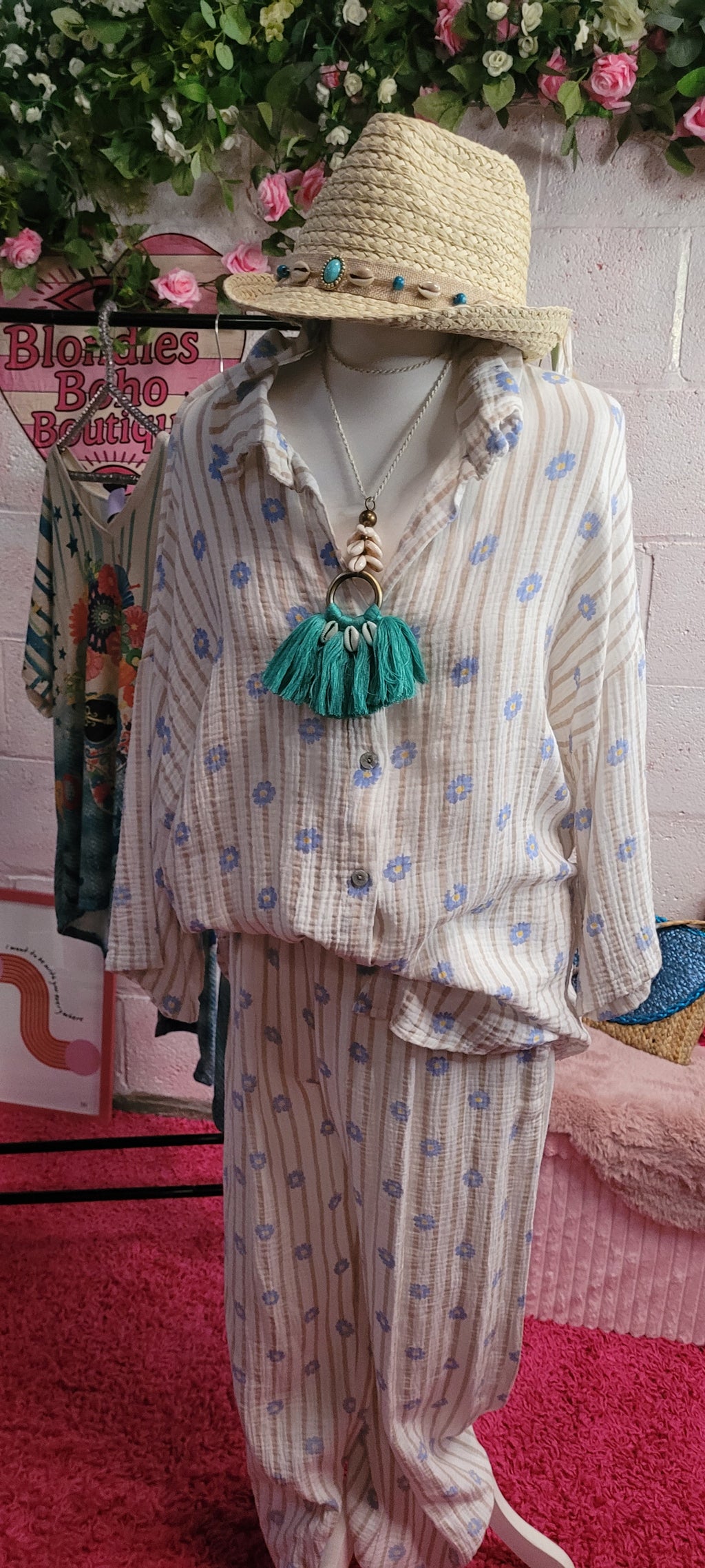 Love Me Daisy 2 Piece Waffle Co Ord Shirt & Trouser Set Ivory, Oatmeal & Blue