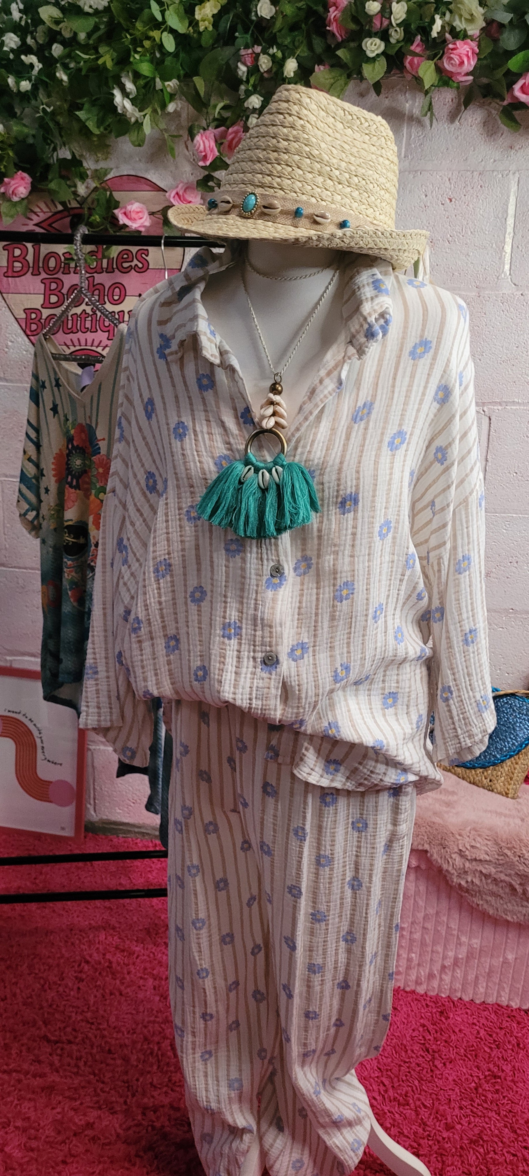 Love Me Daisy 2 Piece Waffle Co Ord Shirt & Trouser Set Ivory, Oatmeal & Blue