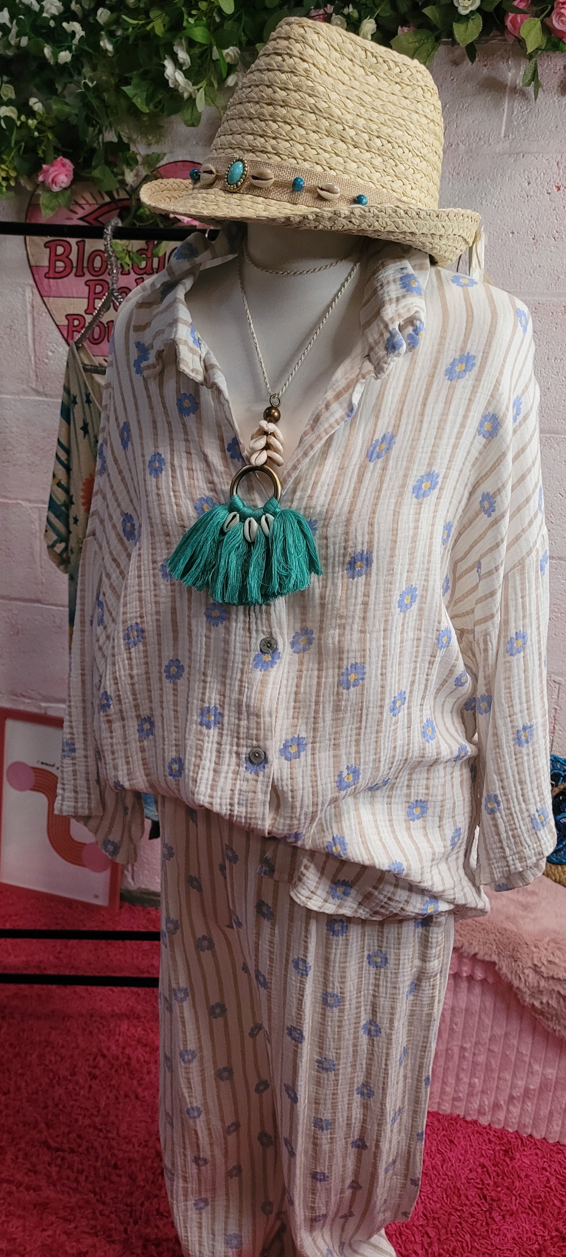 Love Me Daisy 2 Piece Waffle Co Ord Shirt & Trouser Set Ivory, Oatmeal & Blue