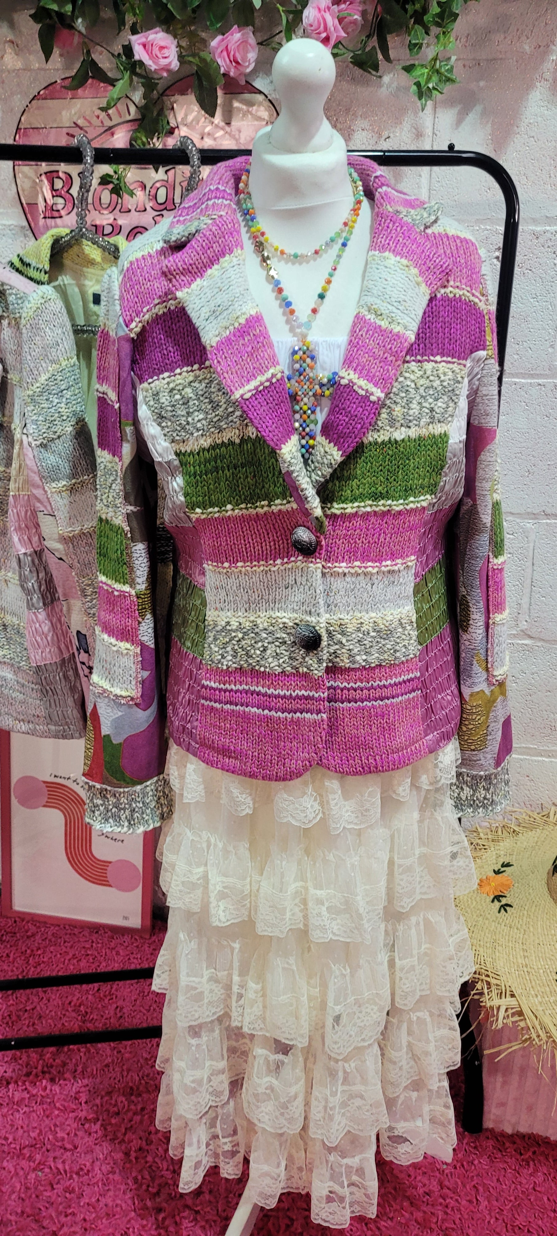 Lulu Light Knit Striped Blazer Fuschia & Green