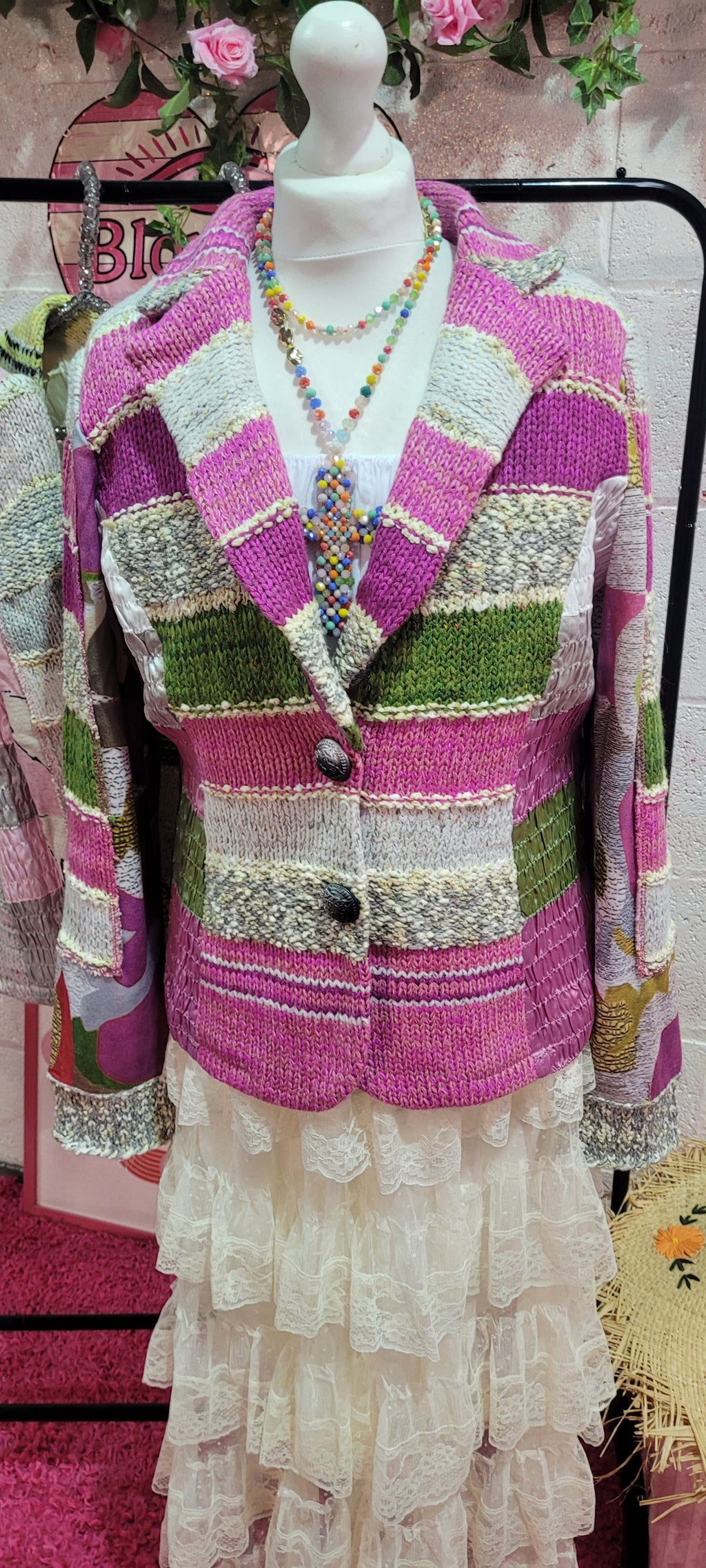 Lulu Light Knit Striped Blazer Fuschia & Green