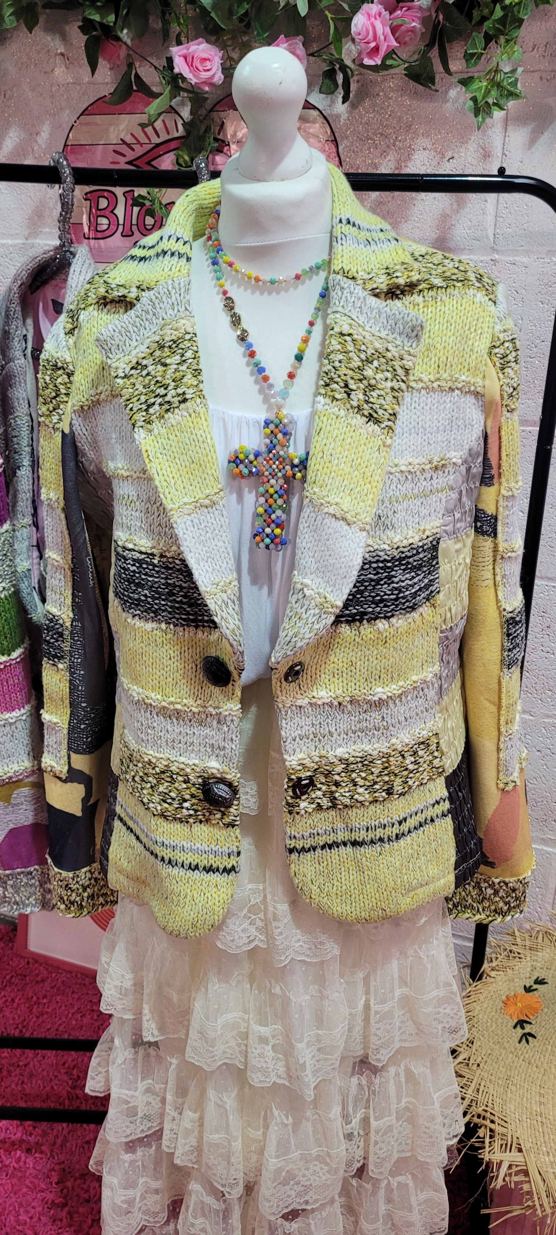 Lulu Light Knit Striped Blazer Lemon & Grey