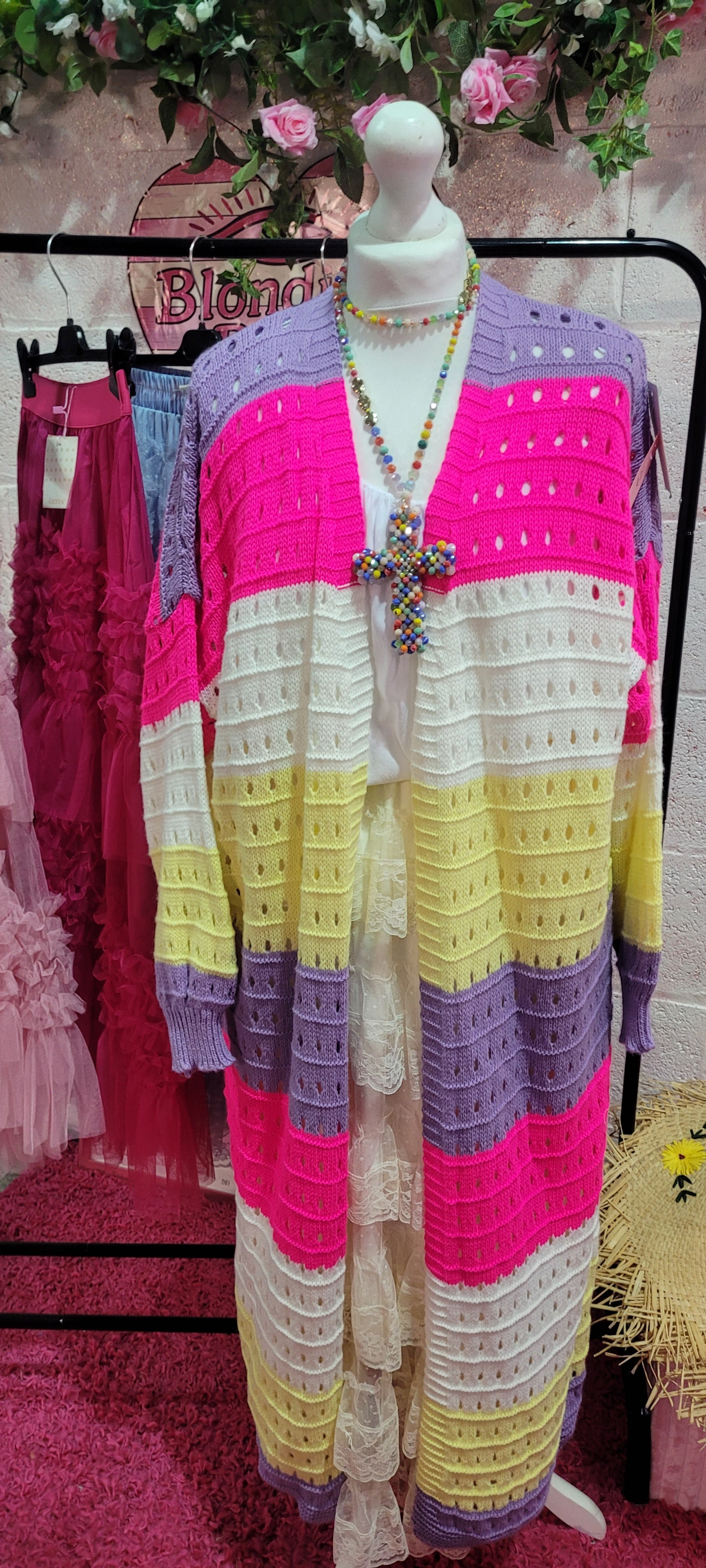 Nee Nee Long Line Striped Cardigan Pinks & Lemons