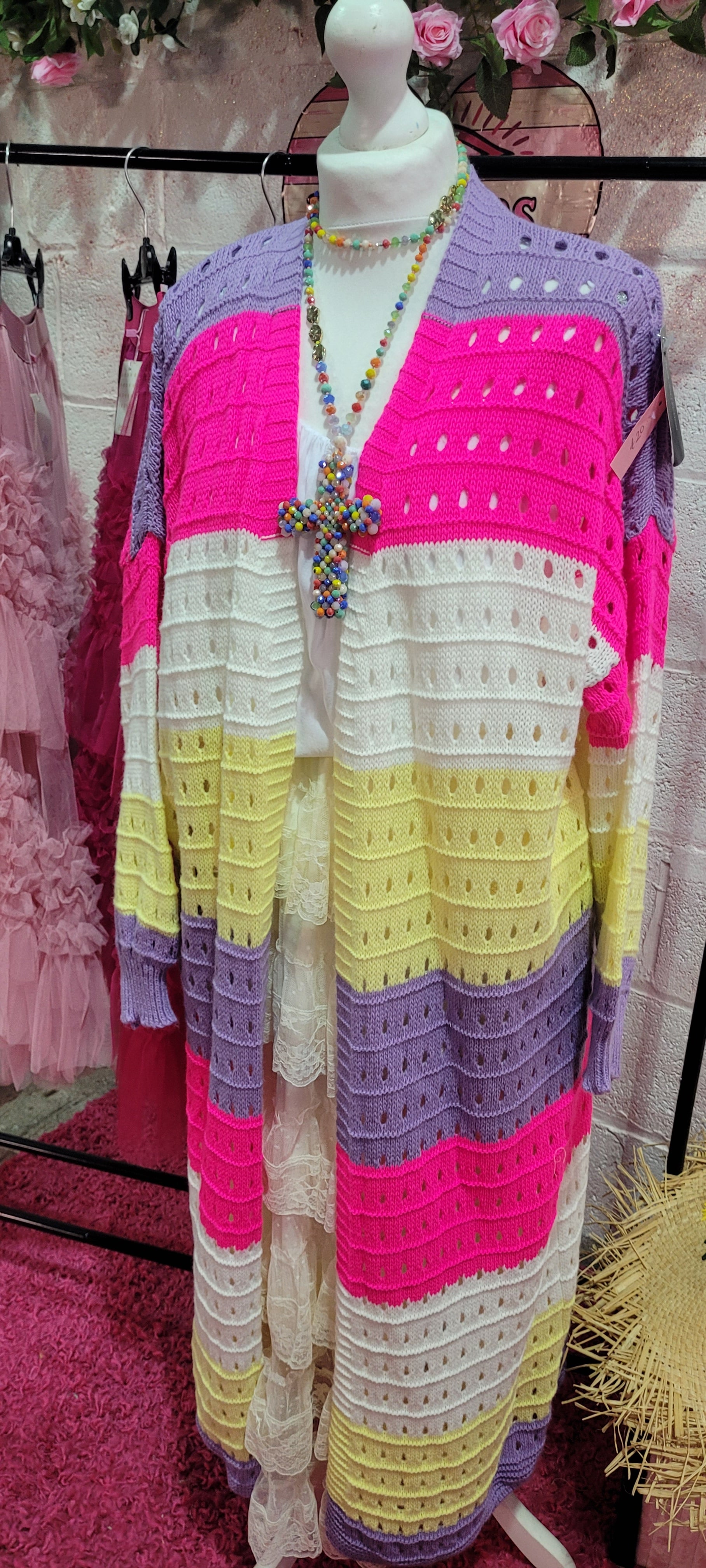 Nee Nee Long Line Striped Cardigan Pinks & Lemons
