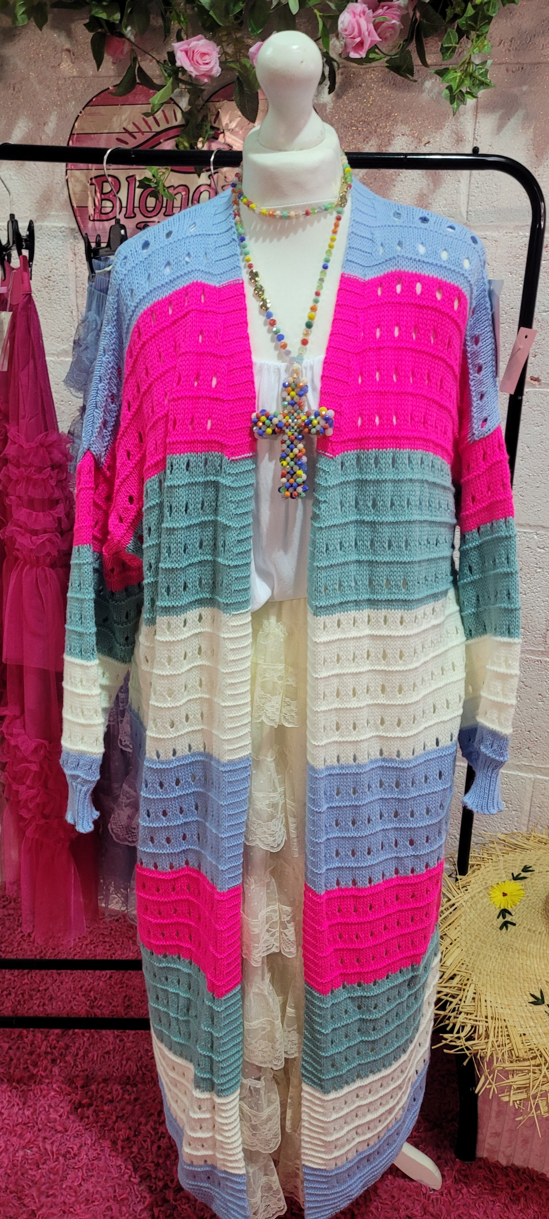 Nee Nee Long Line Striped Cardigan Pink & Blue
