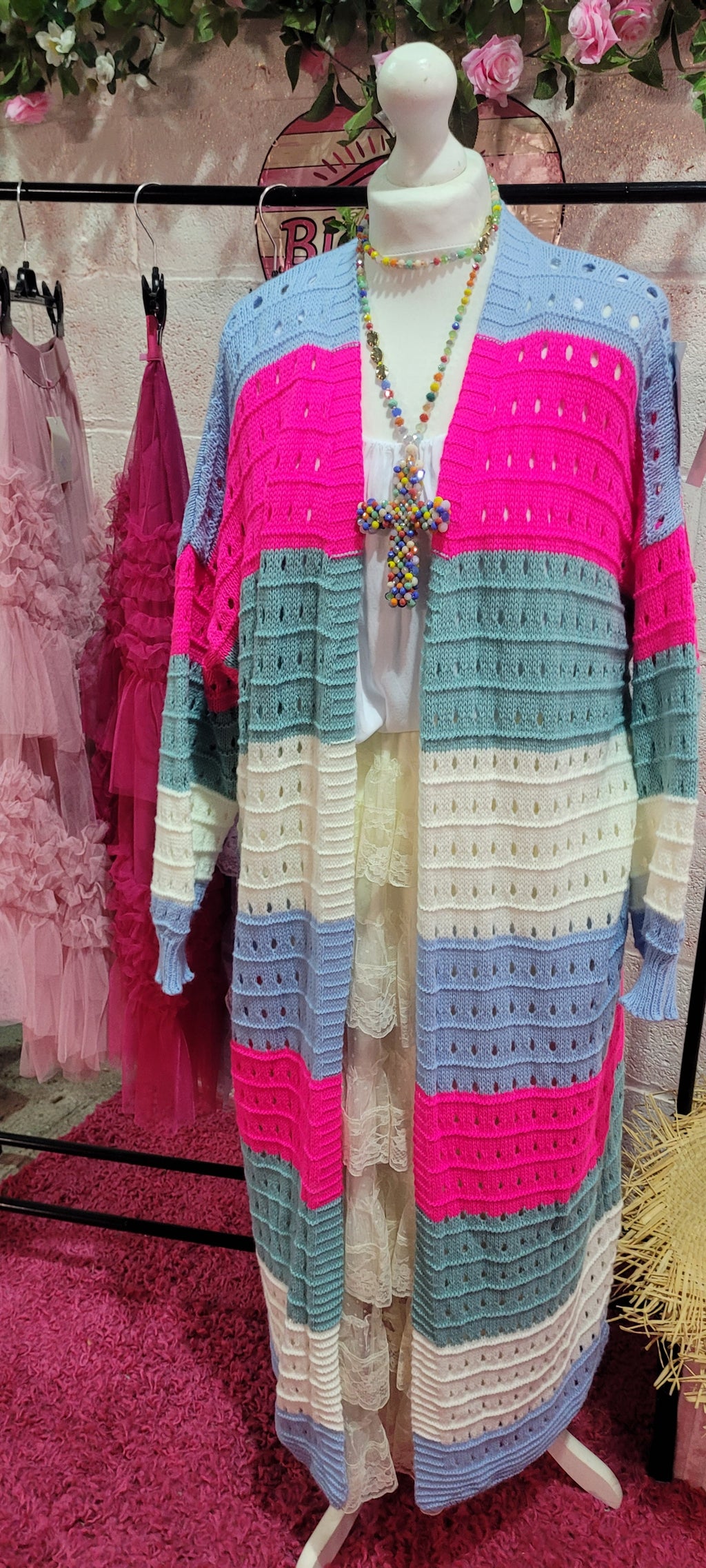 Nee Nee Long Line Striped Cardigan Pink & Blue