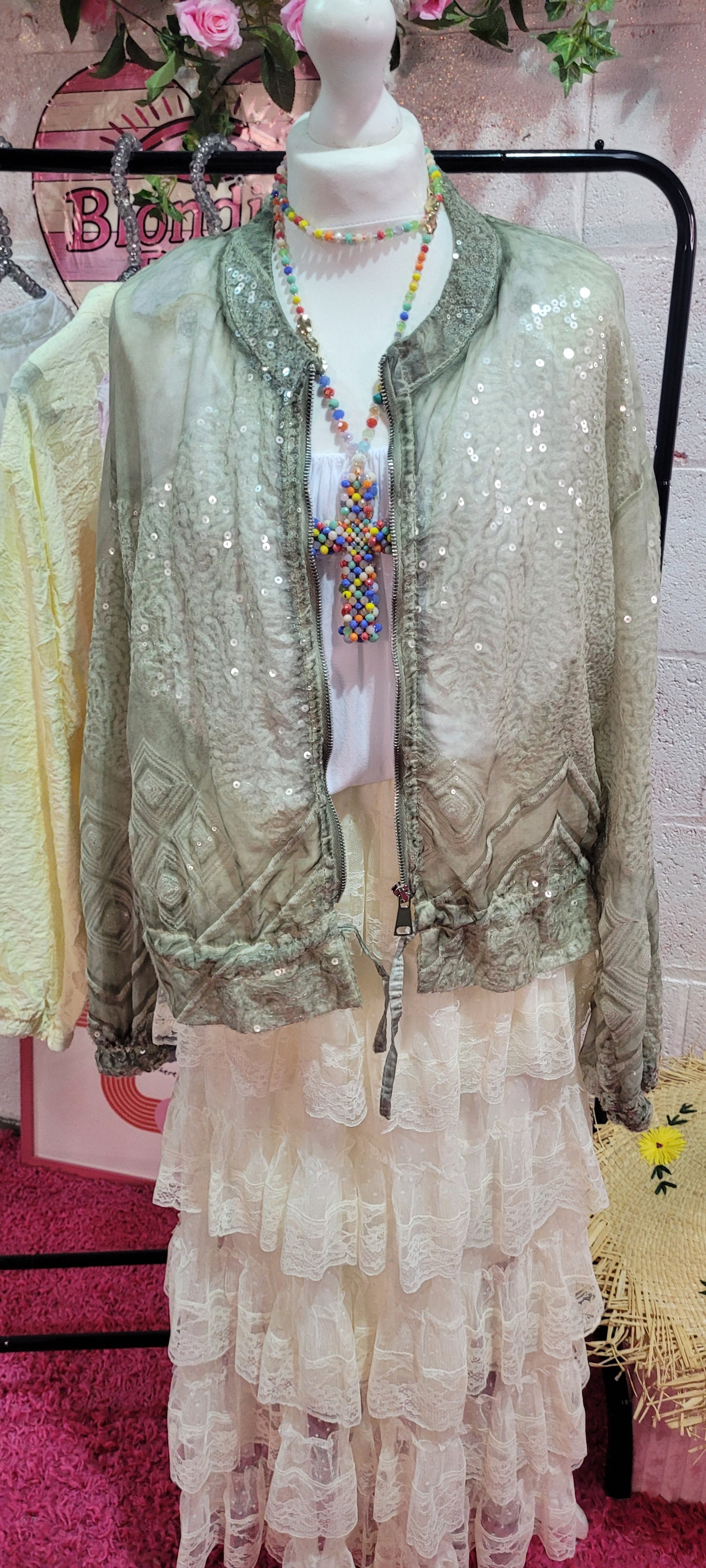 Serena Sequin Bomber Jacket Moss Green