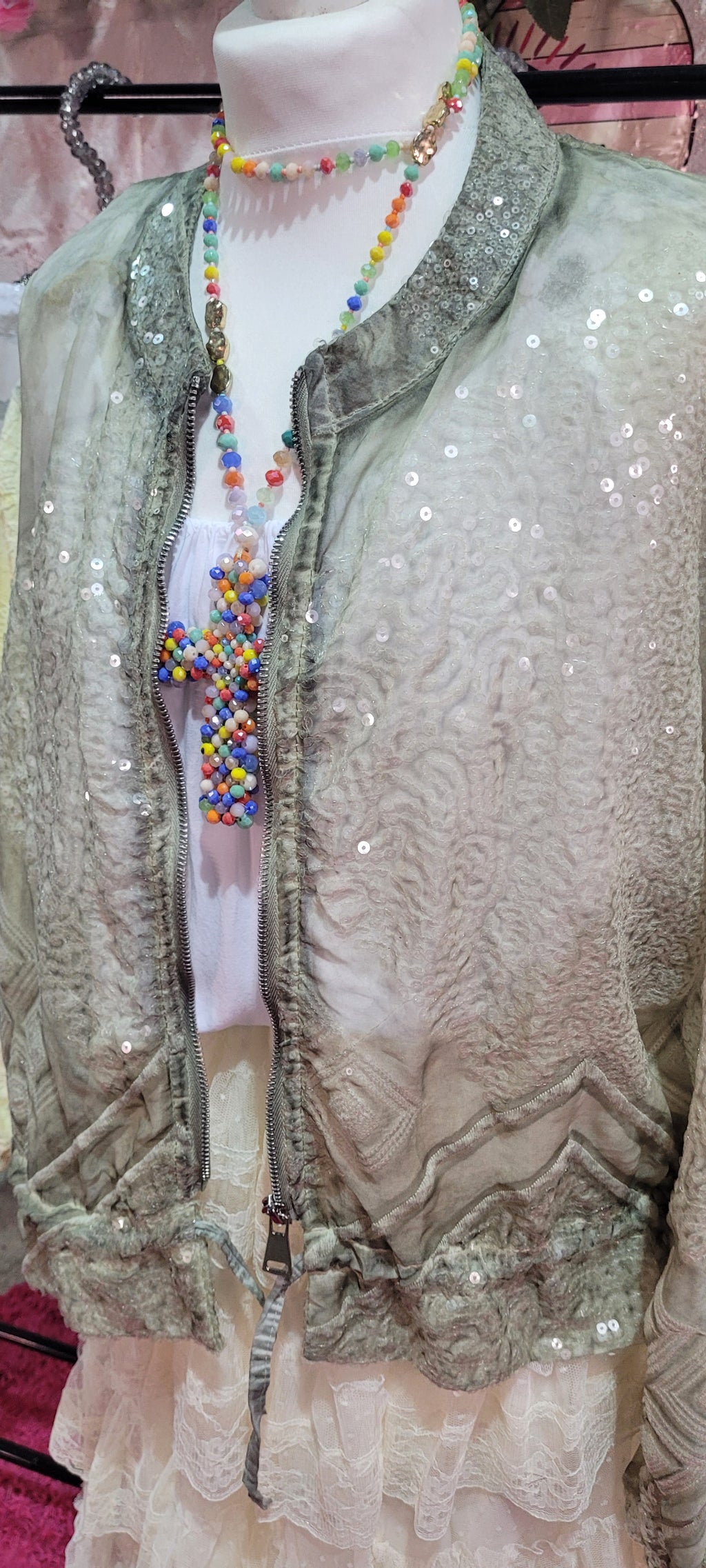 Serena Sequin Bomber Jacket Moss Green