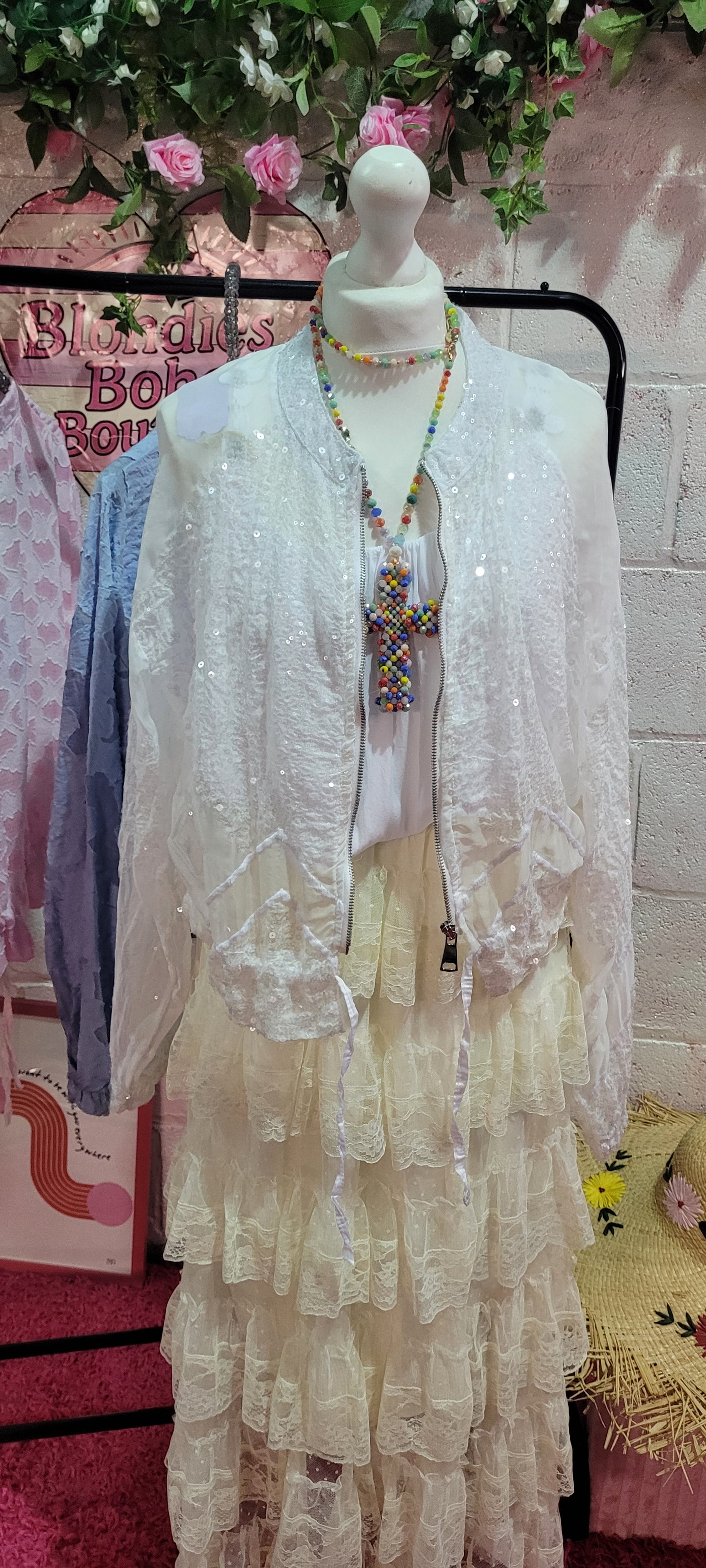 Serena Sequin Bomber Jacket White