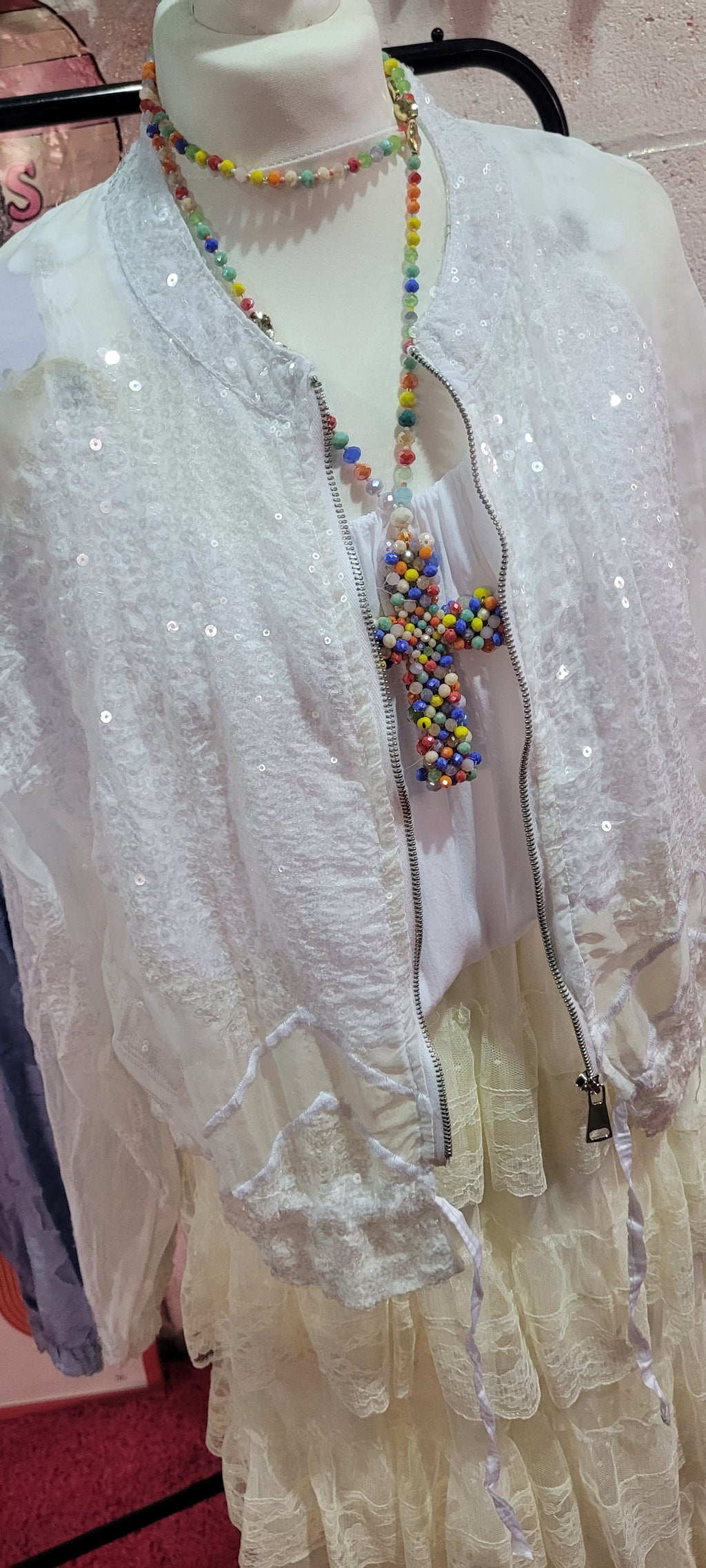Serena Sequin Bomber Jacket White