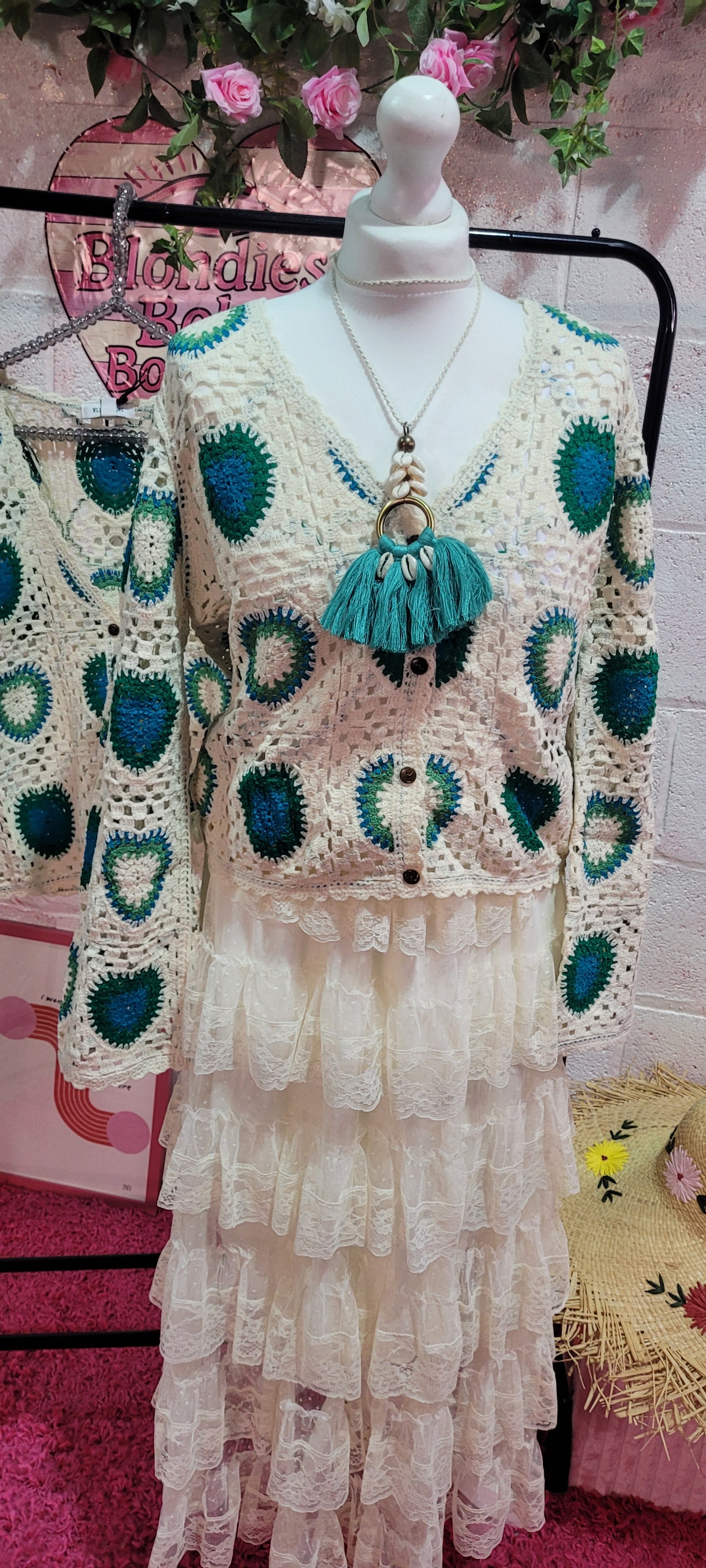 Tasmin Green & Ivory Crochet Cardigan
