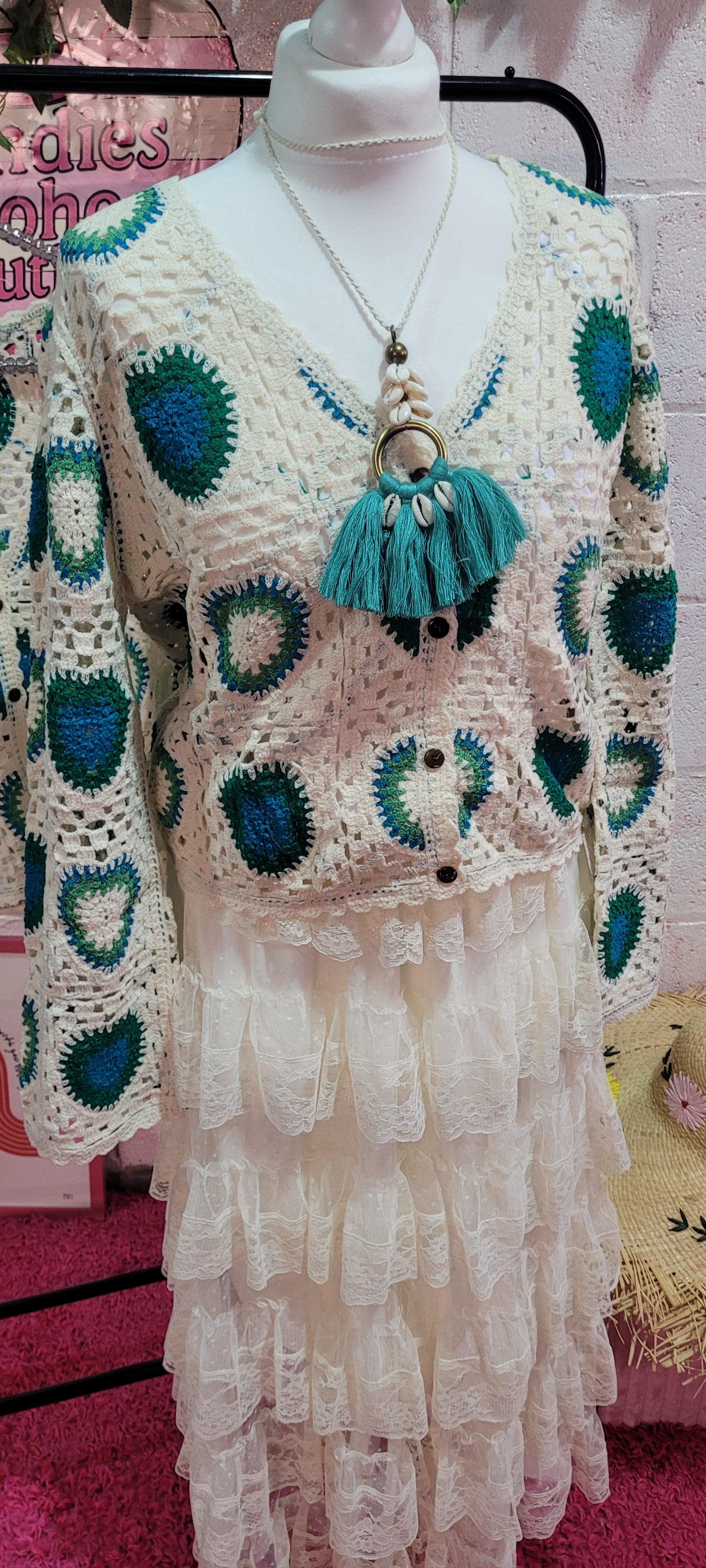 Tasmin Green & Ivory Crochet Cardigan