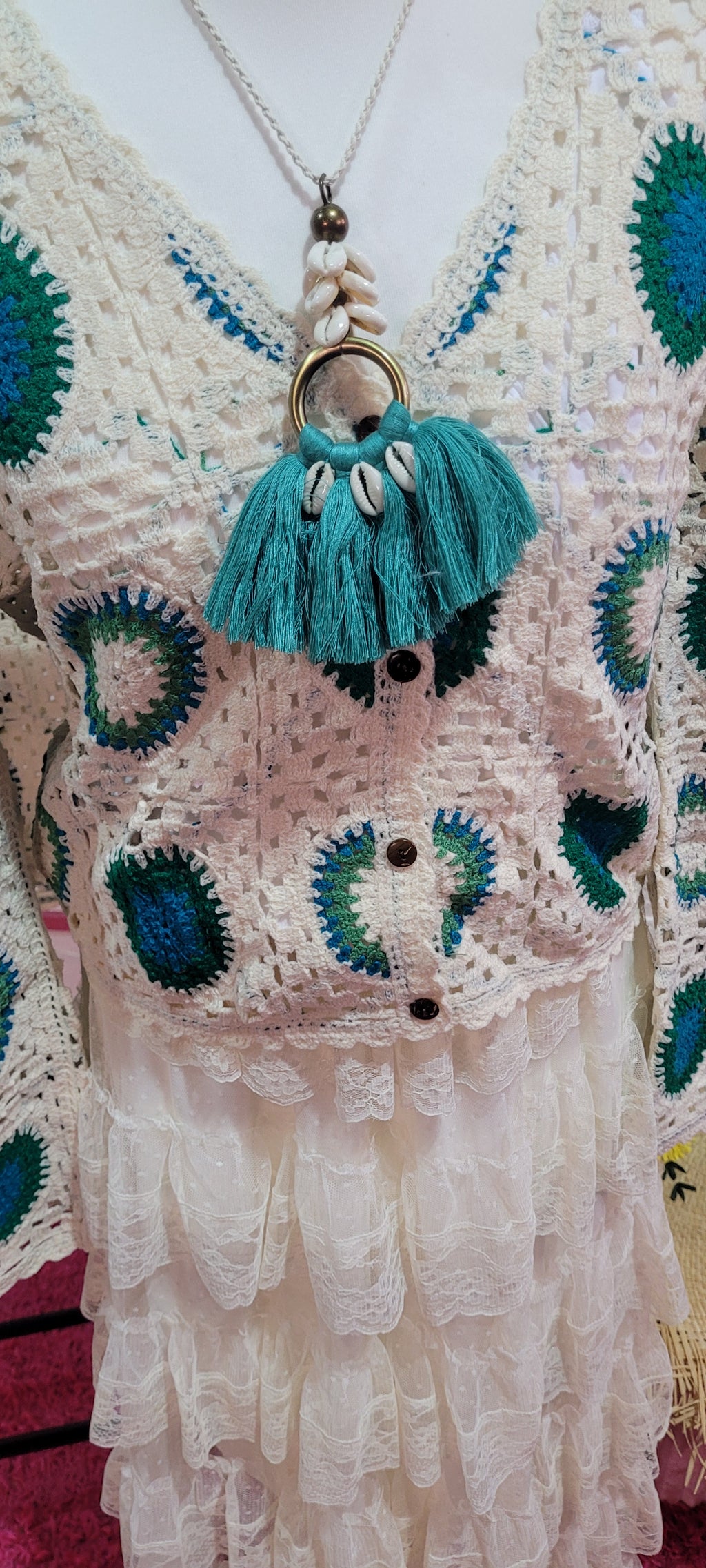 Tasmin Green & Ivory Crochet Cardigan