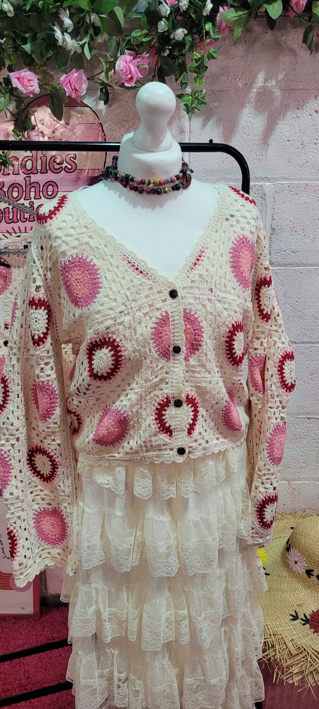 Tasmin Pink & Ivory Crochet Cardigan