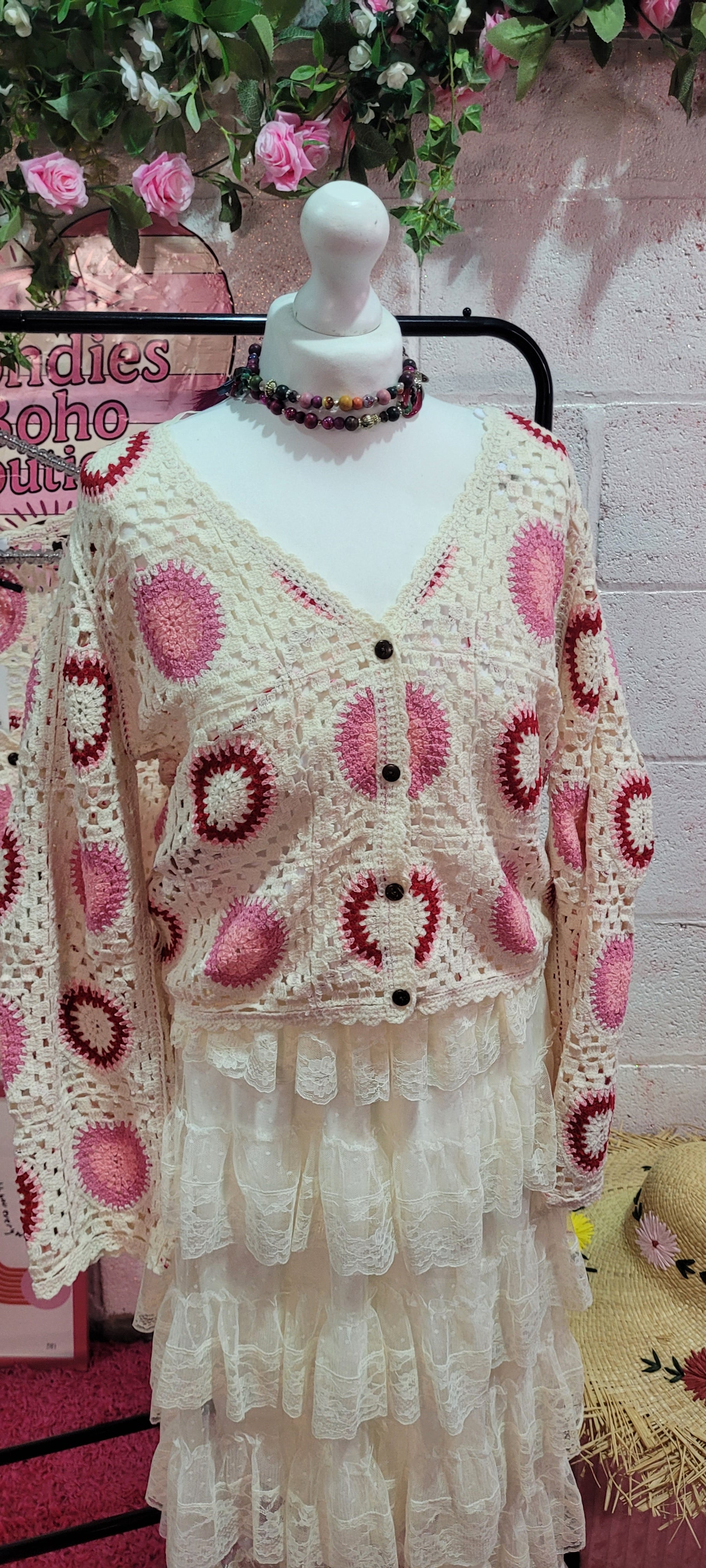 Tasmin Pink & Ivory Crochet Cardigan