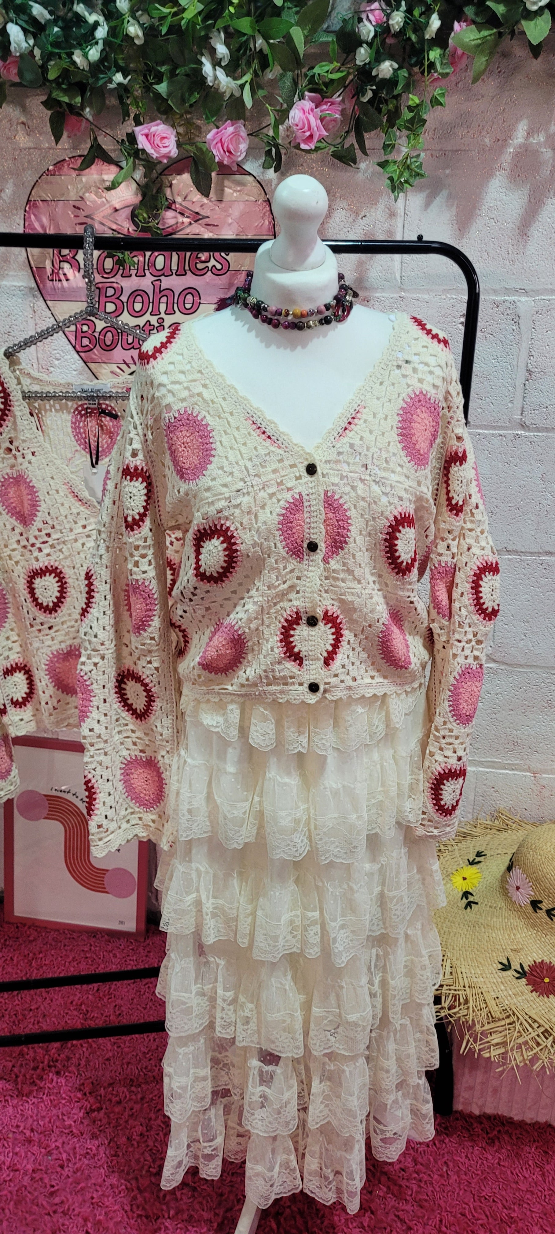 Tasmin Pink & Ivory Crochet Cardigan
