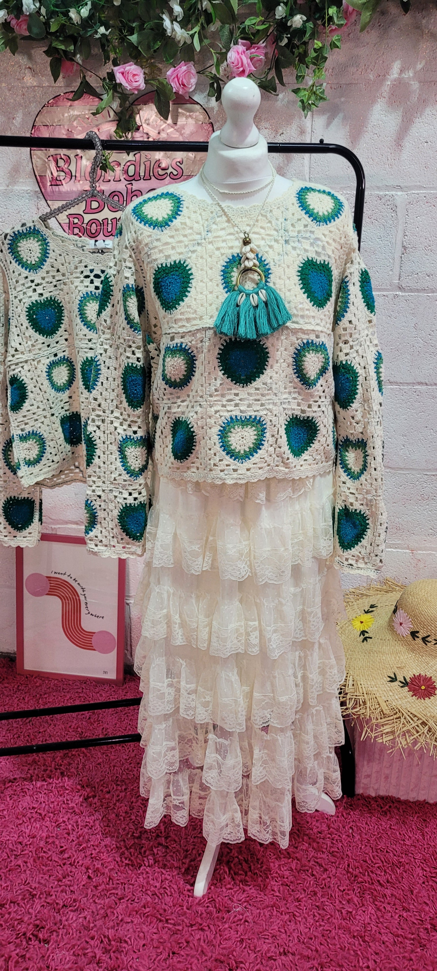 Heart Crochet Knit Jumper Ivory & Green