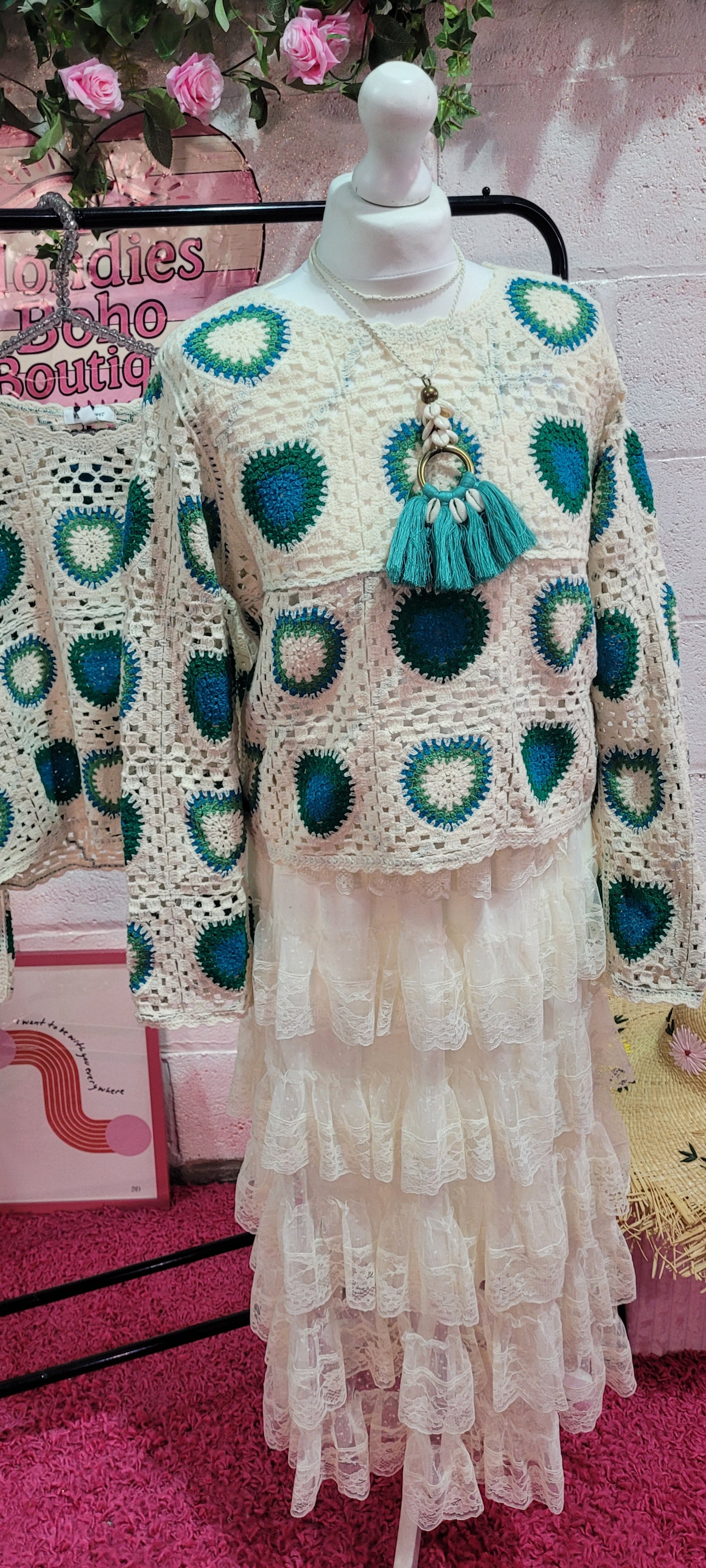 Heart Crochet Knit Jumper Ivory & Green