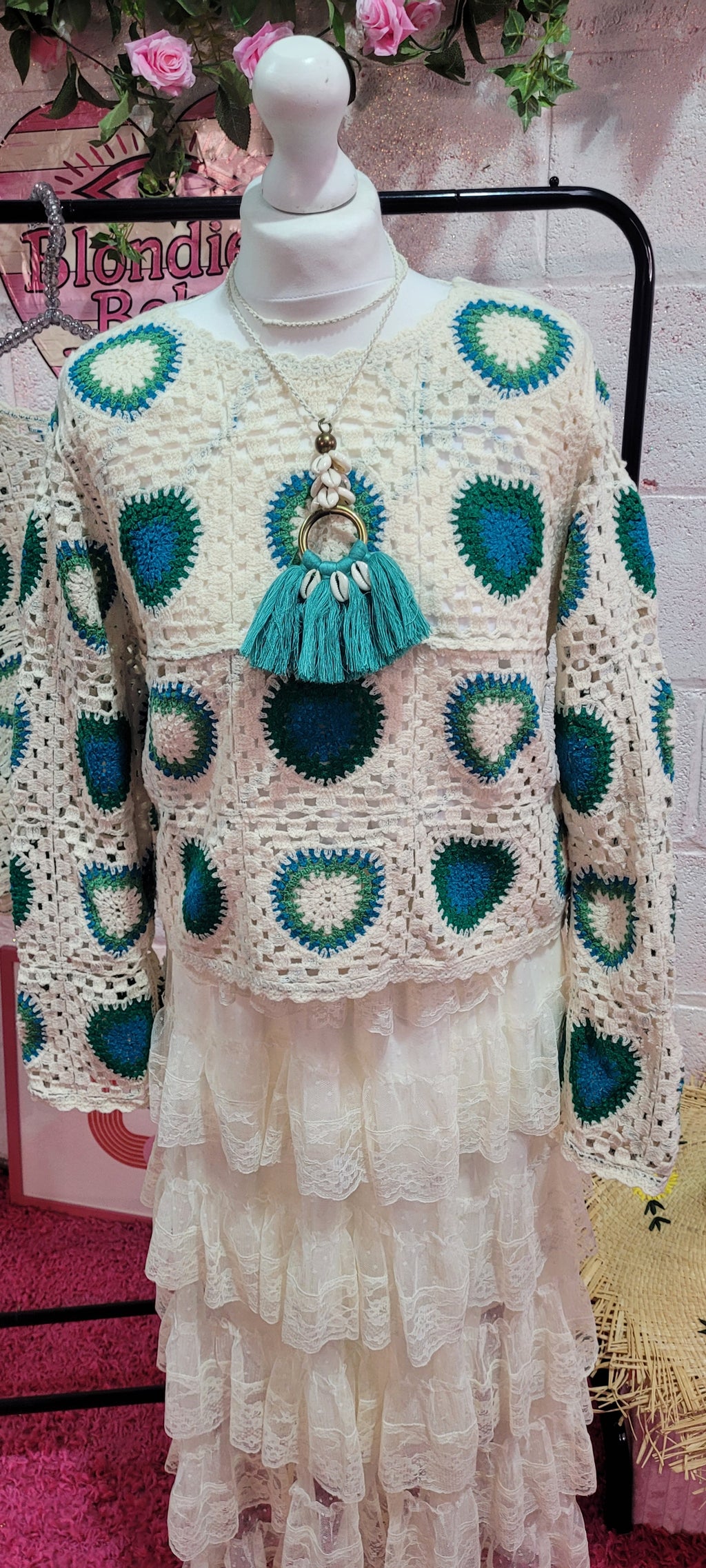 Heart Crochet Knit Jumper Ivory & Green