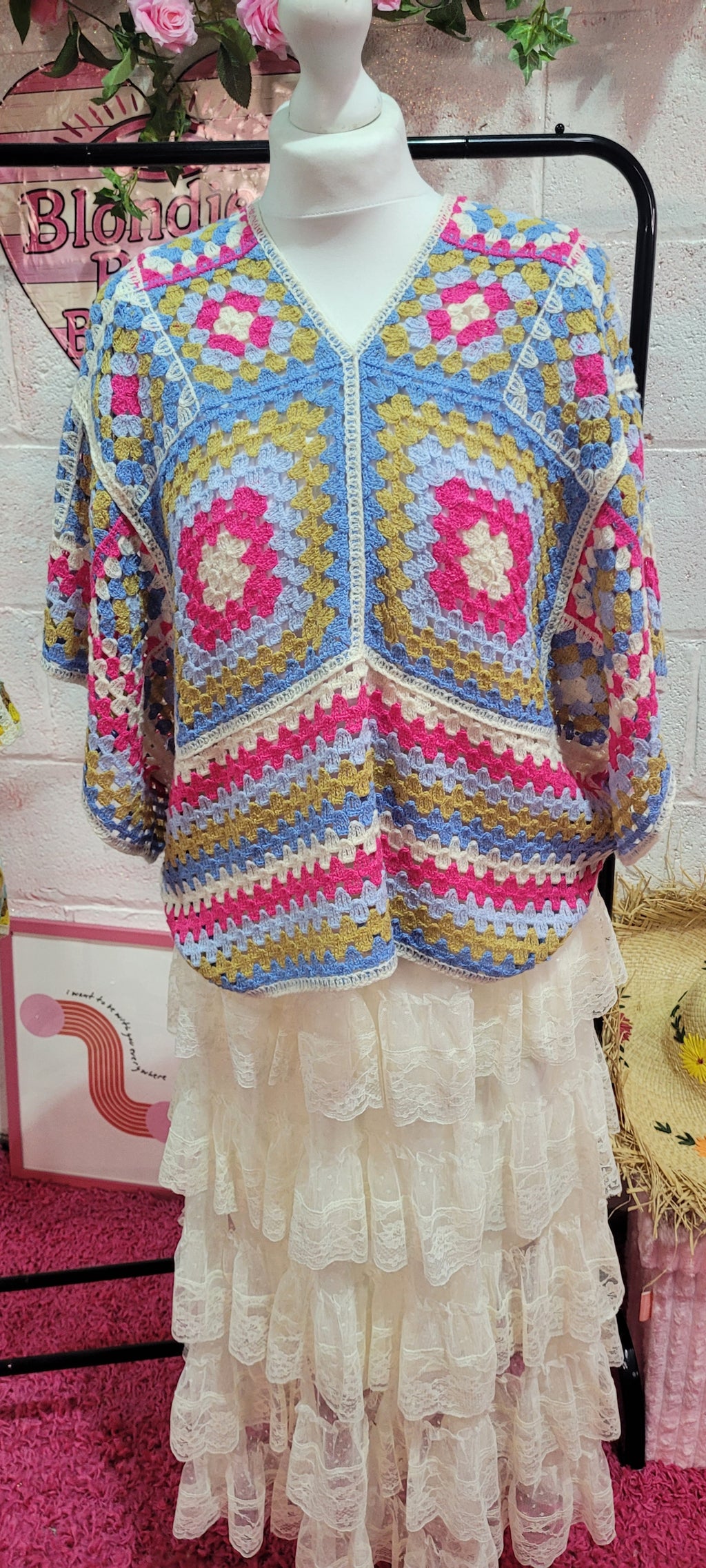 Saskia Bow Backed A-Sym Crochet Top Pink & Blue