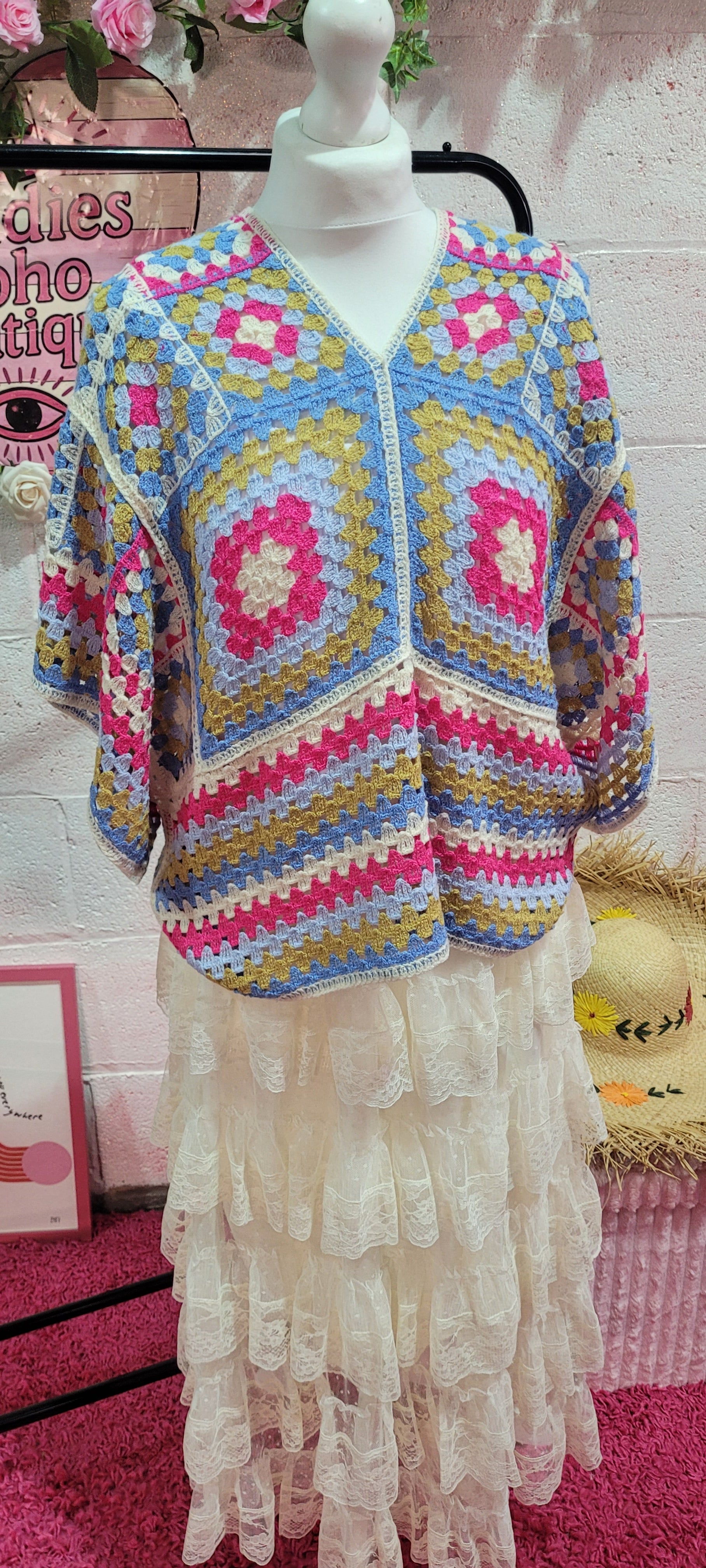 Saskia Bow Backed A-Sym Crochet Top Pink & Blue