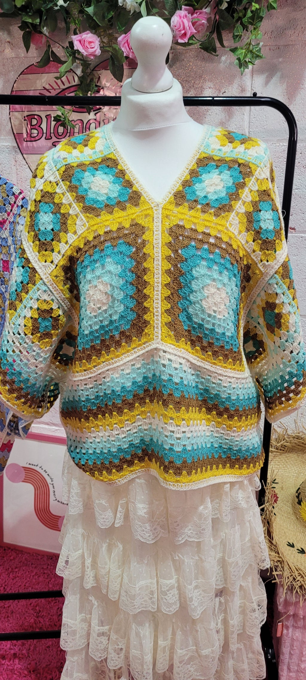 Saskia Bow Backed A-Sym Crochet Top Teal & Mustard