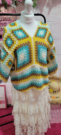 Saskia Bow Backed A-Sym Crochet Top Teal & Mustard