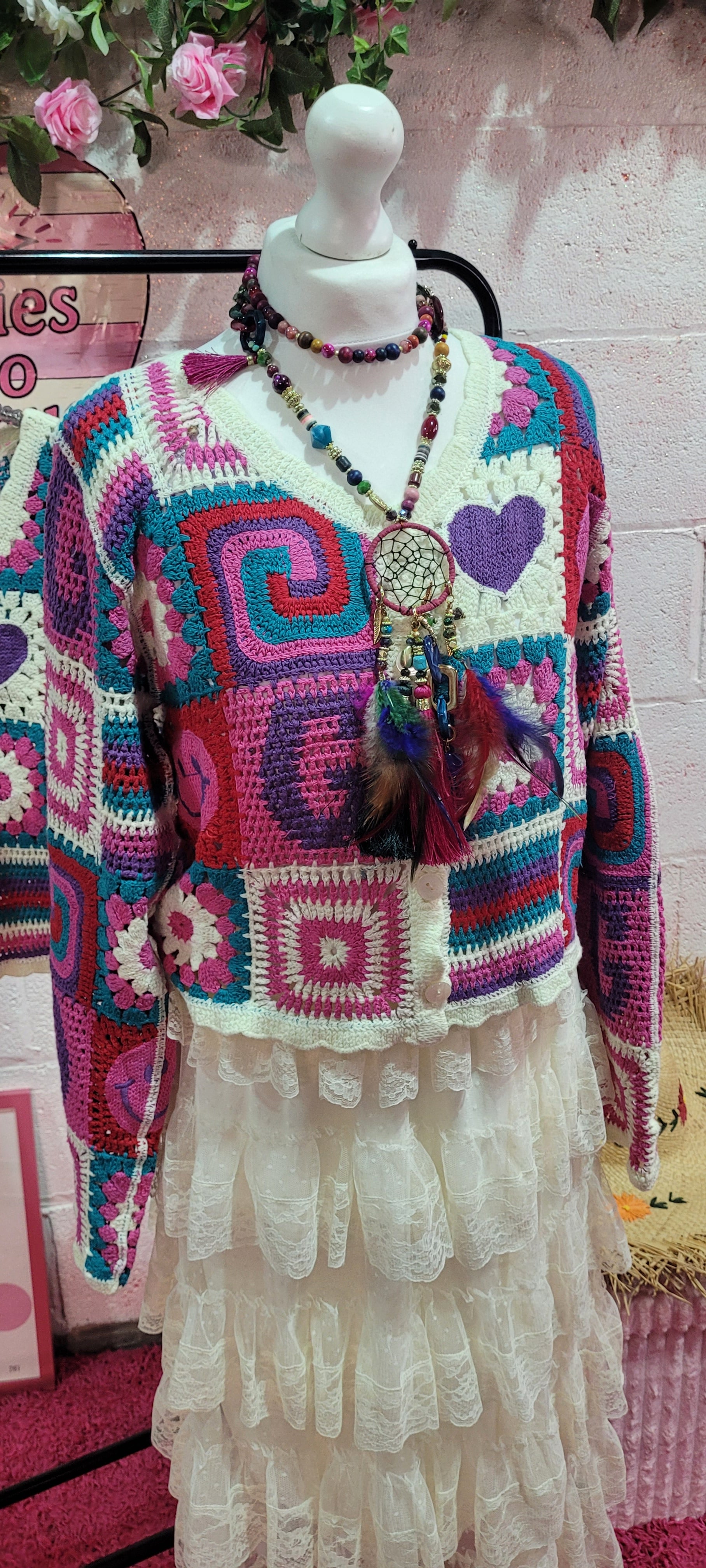 Love Your Smile Crochet Cardigan Mixed Pinks