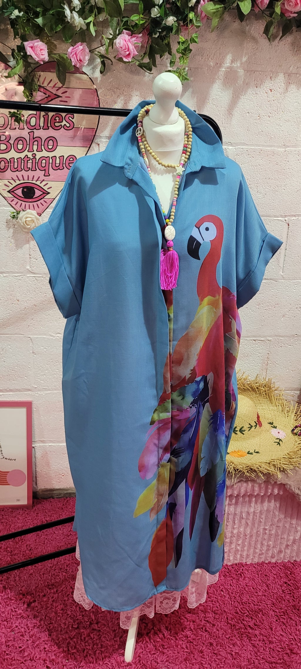 Blondies Parrot Back Long Line Shirt Dress Mid Blue