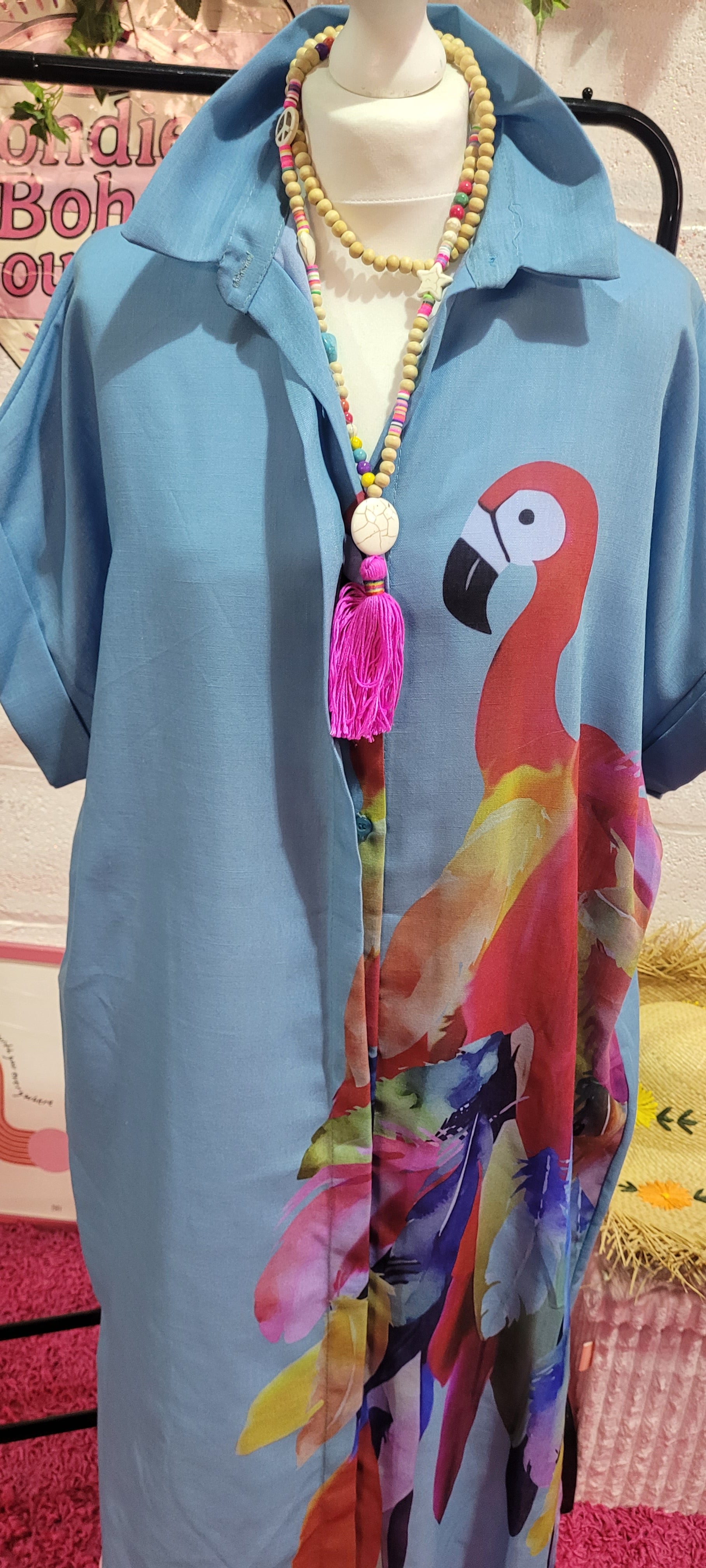 Blondies Parrot Back Long Line Shirt Dress Mid Blue