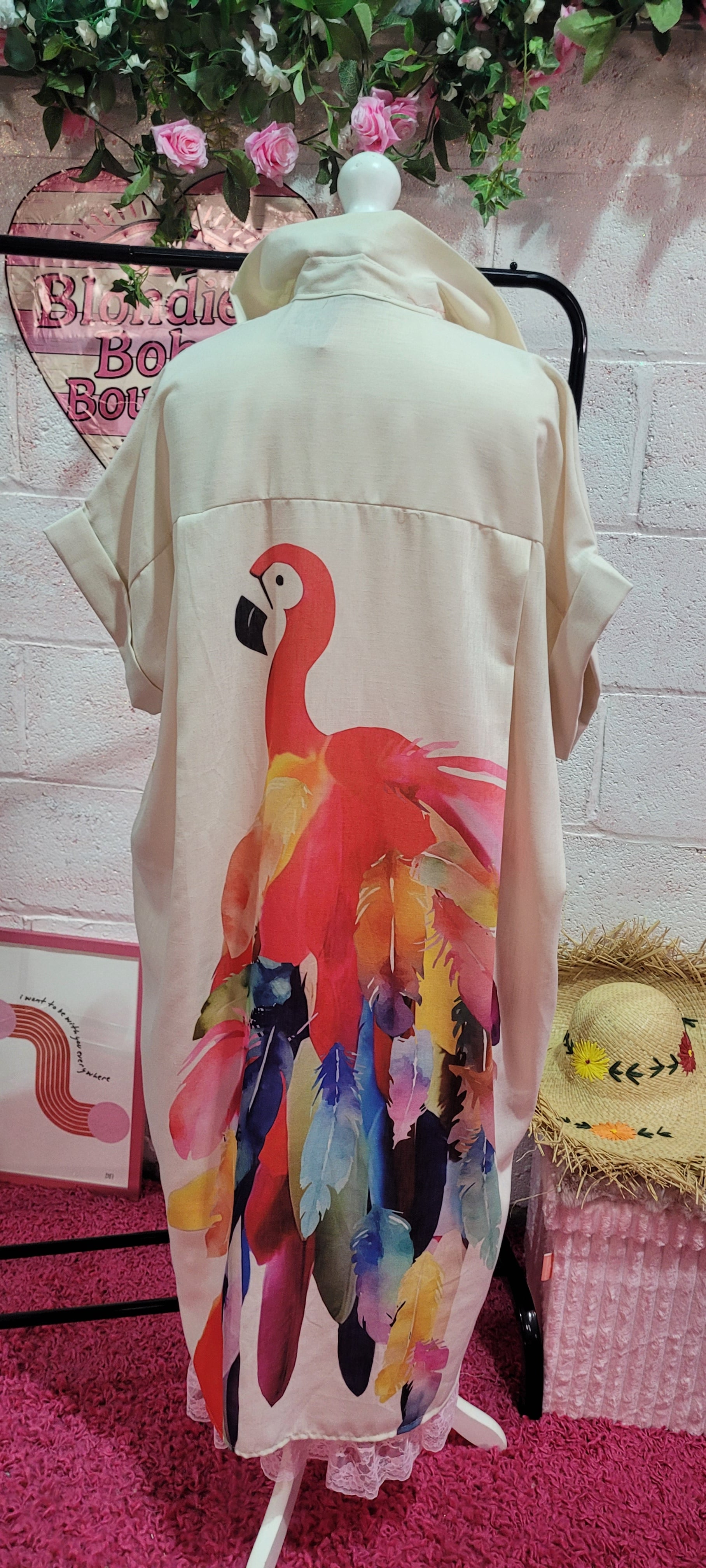 Blondies Parrot Back Long Line Shirt Dress Oatmeal