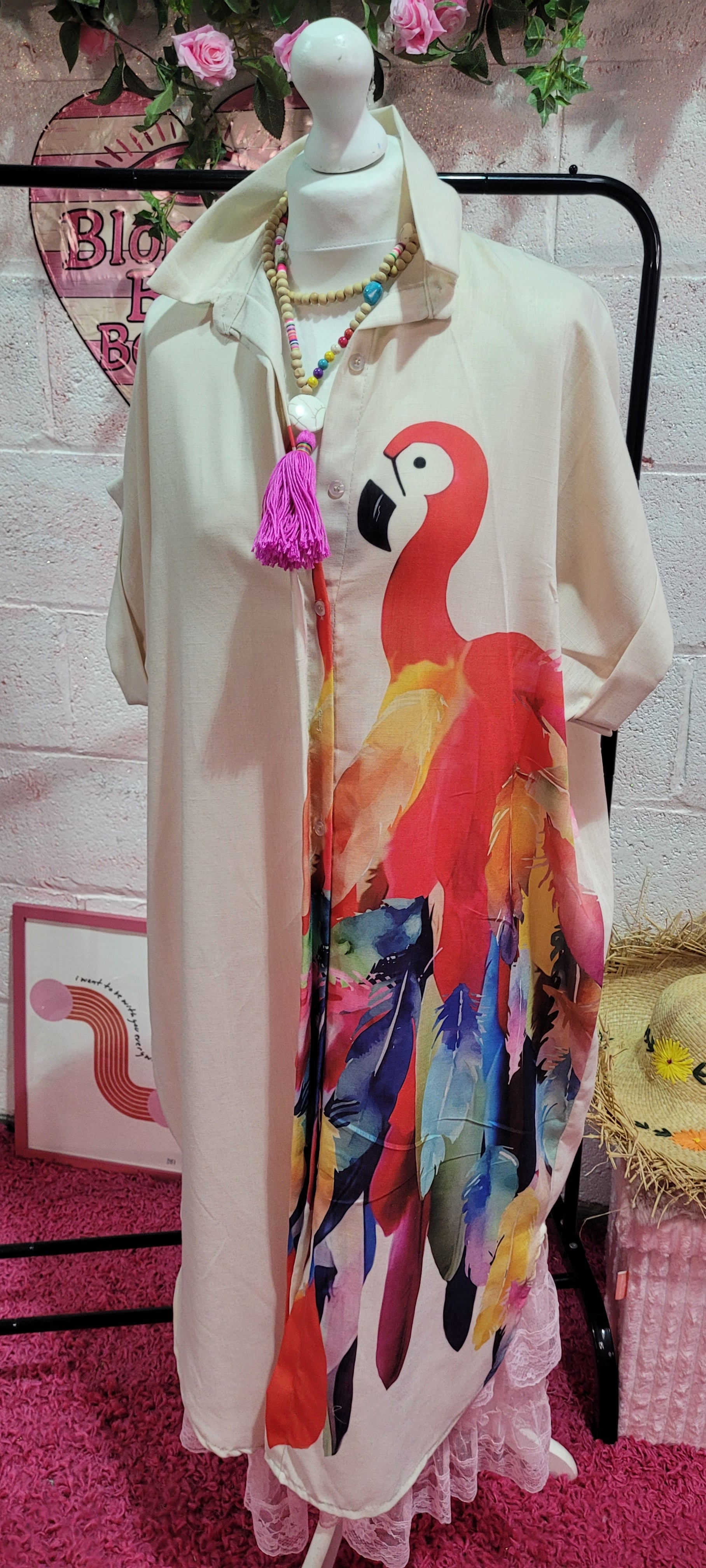 Blondies Parrot Back Long Line Shirt Dress Oatmeal