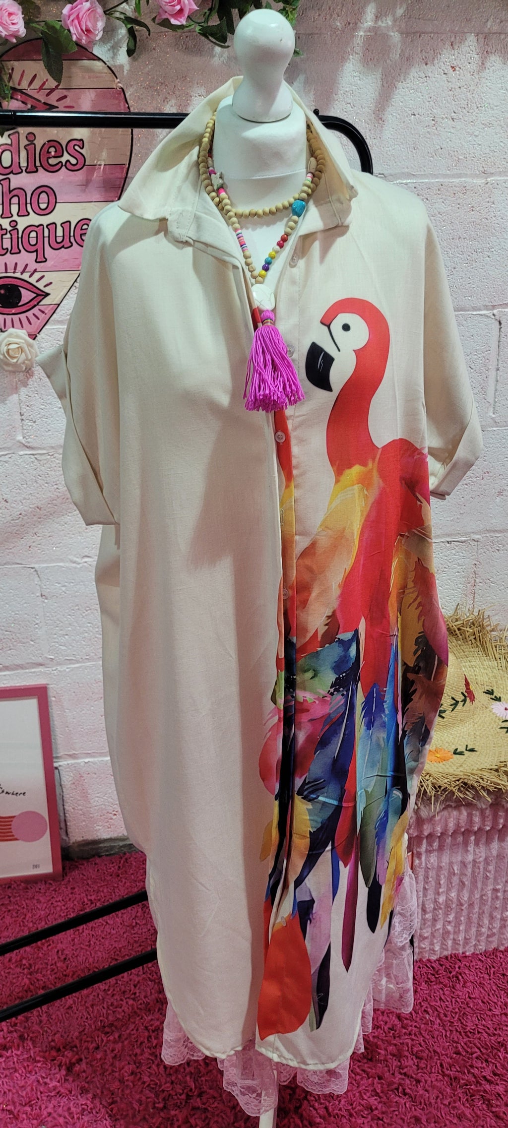Blondies Parrot Back Long Line Shirt Dress Oatmeal