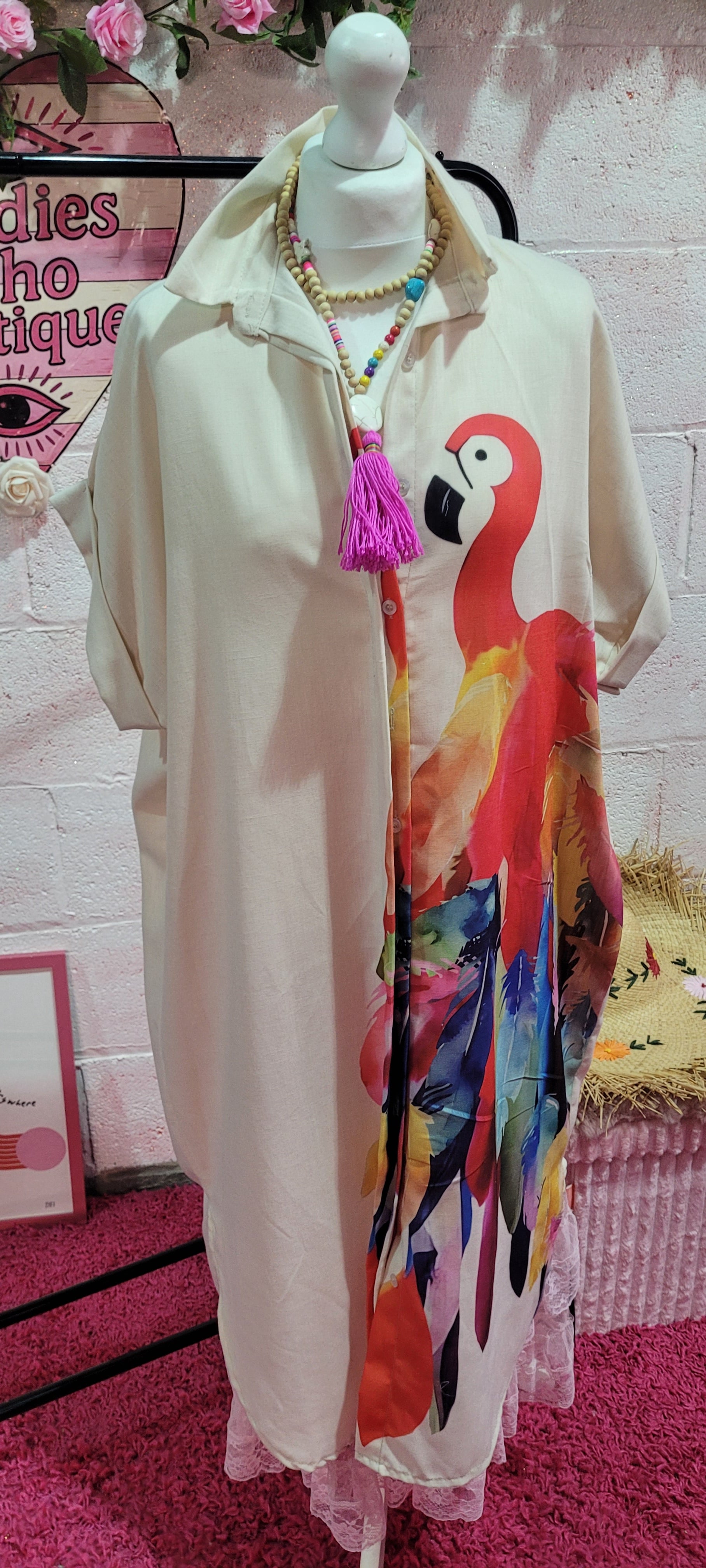 Blondies Parrot Back Long Line Shirt Dress Oatmeal