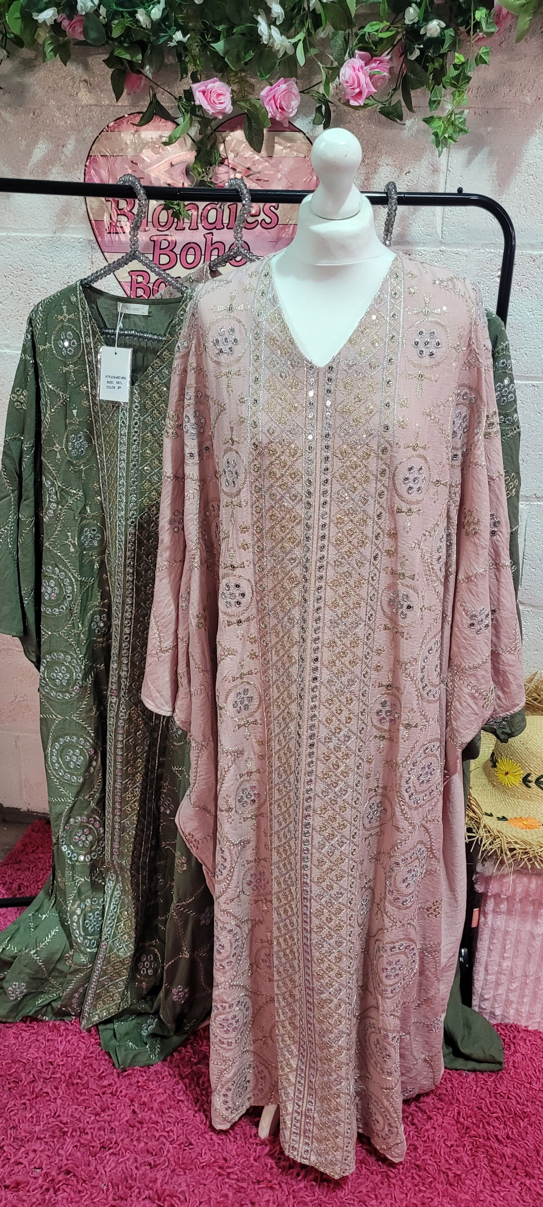 Rowena Embroidered Mirrored Kaftan Pale Pink M/L