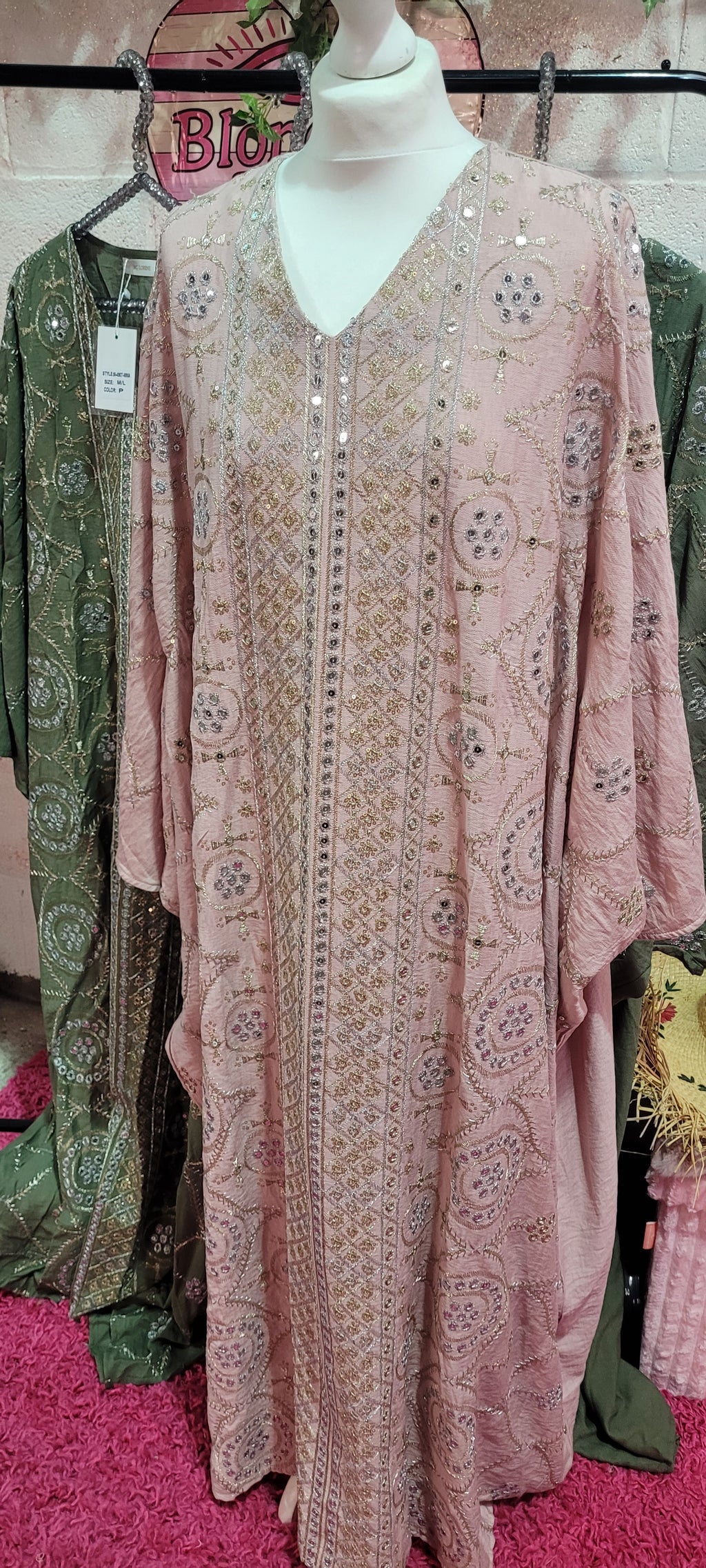 Rowena Embroidered Mirrored Kaftan Pale Pink S/M