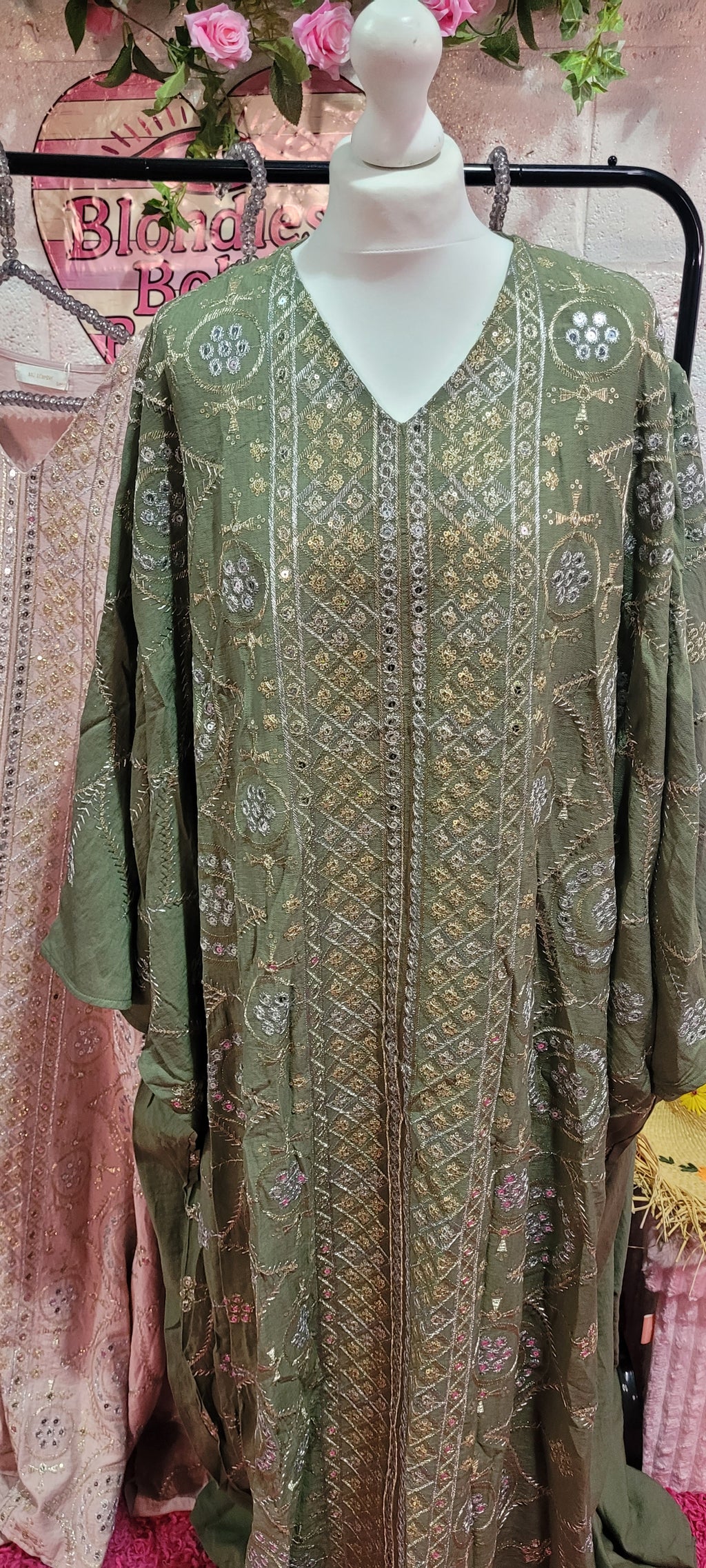 Rowena Embroidered Mirrored Kaftan Moss Green M/L