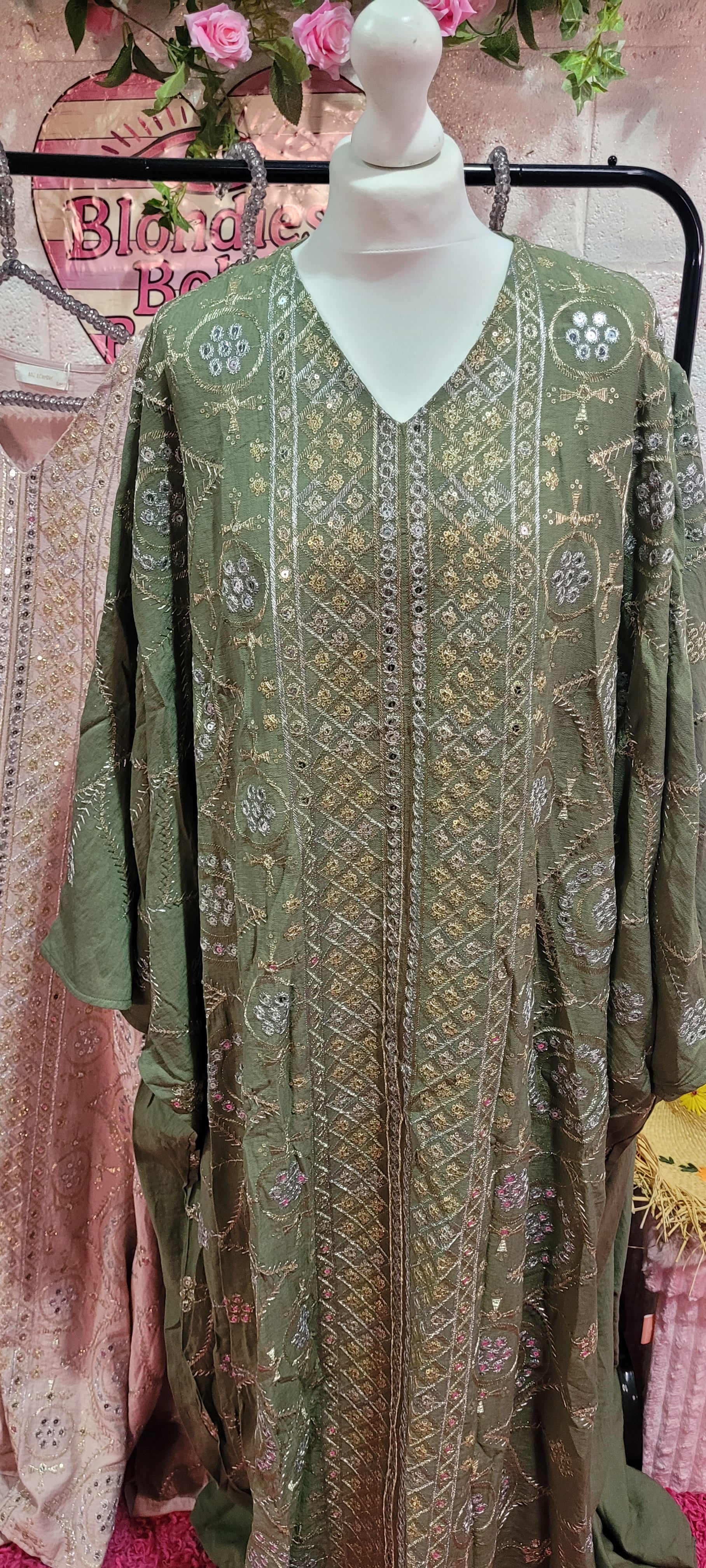 Rowena Embroidered Mirrored Kaftan Moss Green M/L