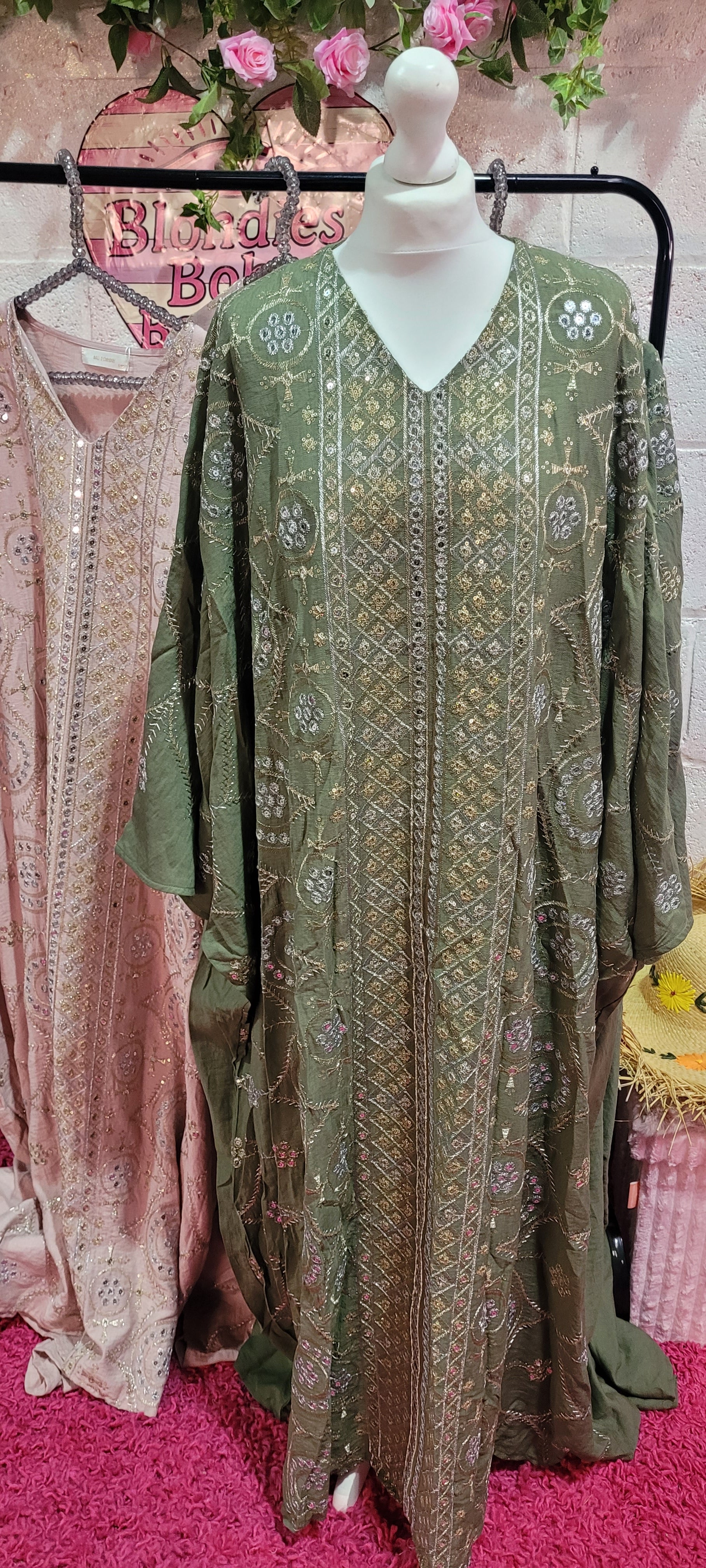 Rowena Embroidered Mirrored Kaftan Moss Green M/L