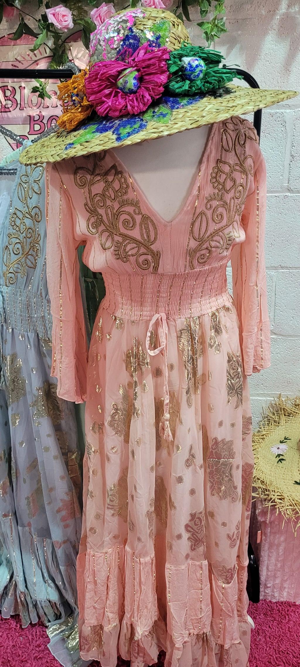 Bo Embroidered Gilt Thread Maxi Dress Rose
