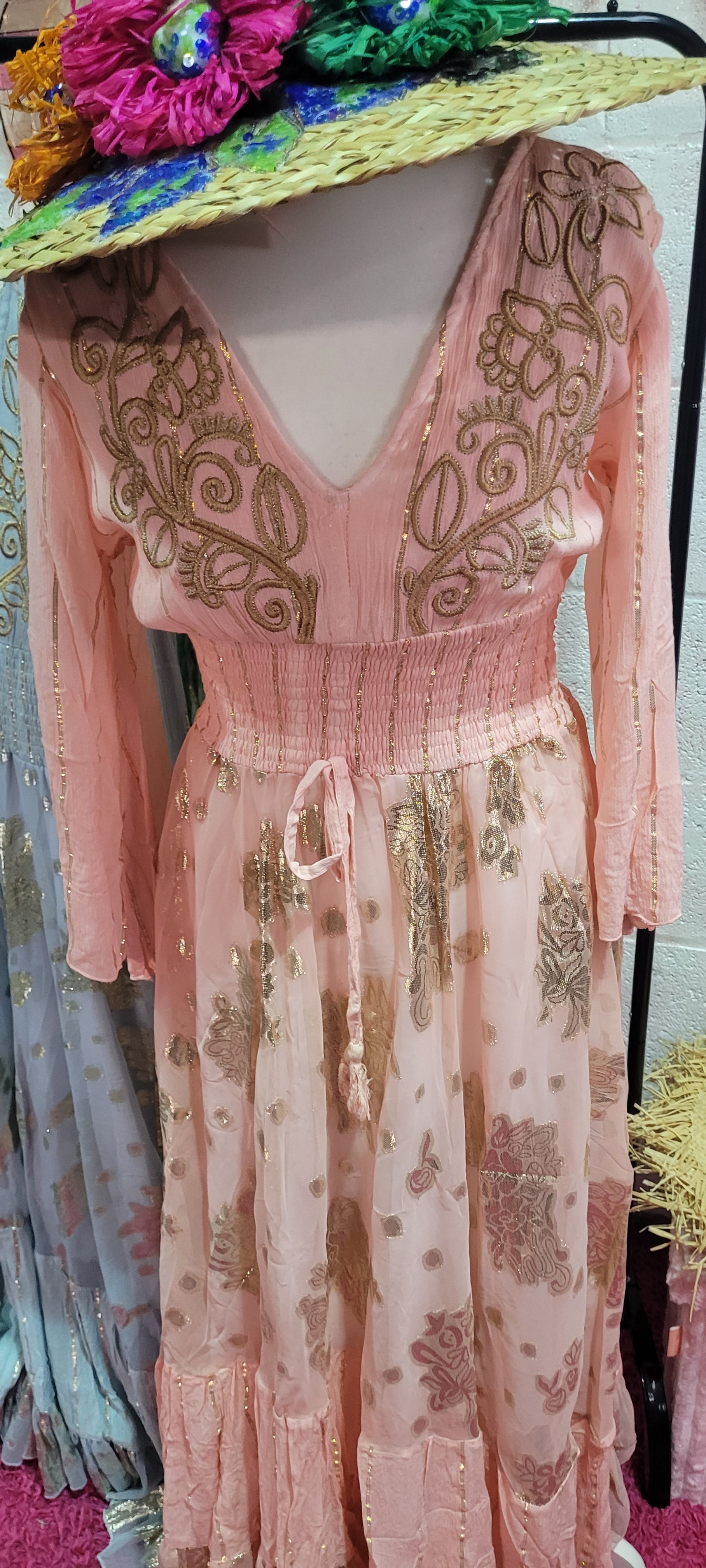 Bo Embroidered Gilt Thread Maxi Dress Rose