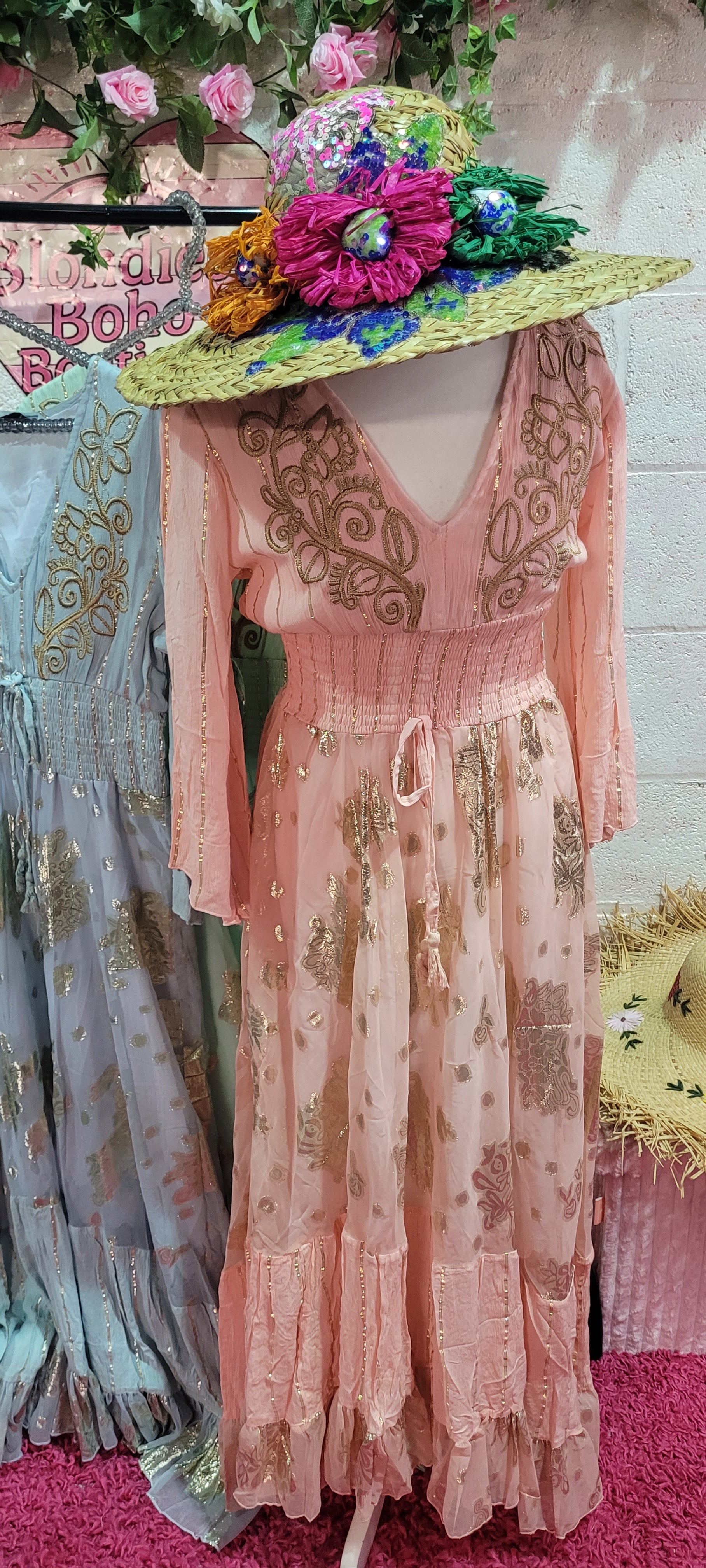 Bo Embroidered Gilt Thread Maxi Dress Rose