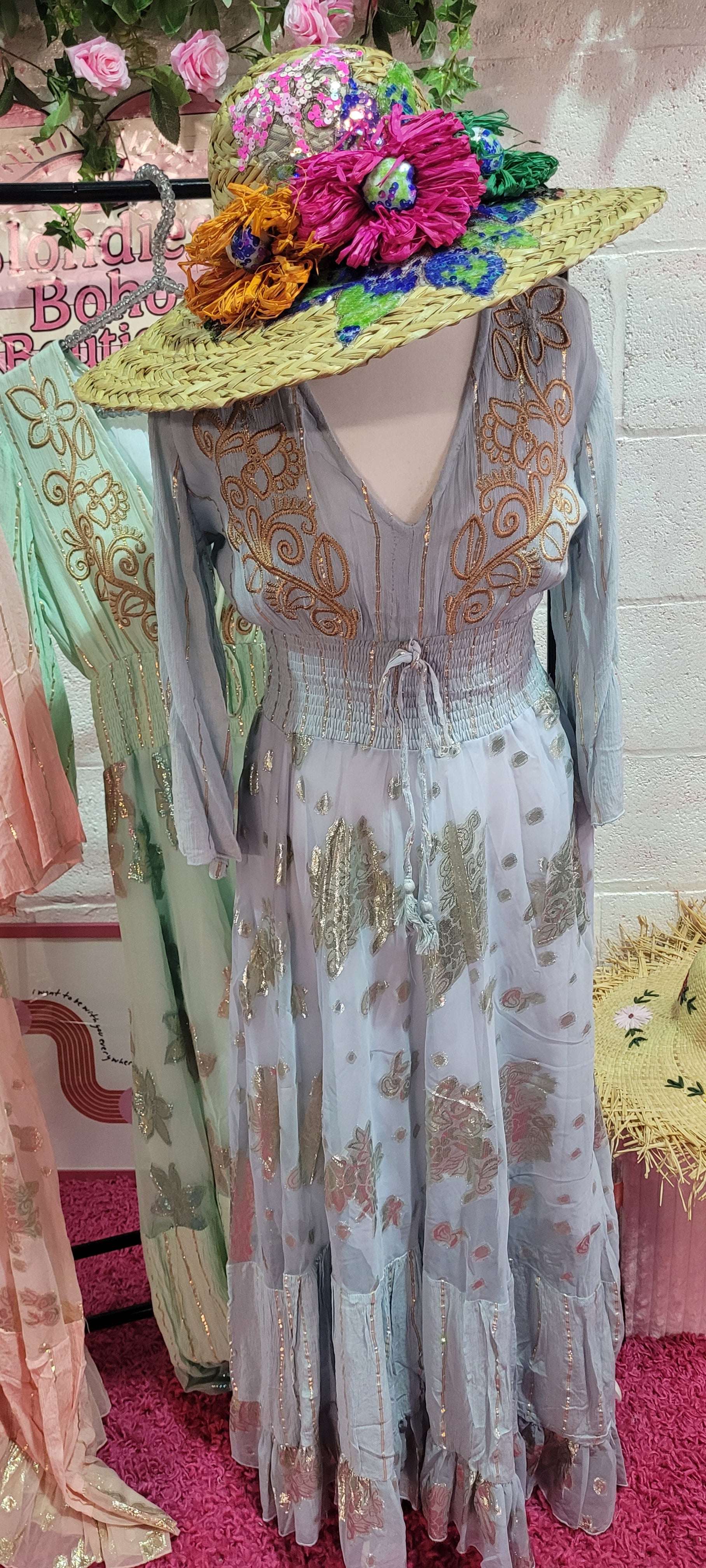 Bo Embroidered Gilt Thread Maxi Dress Blue