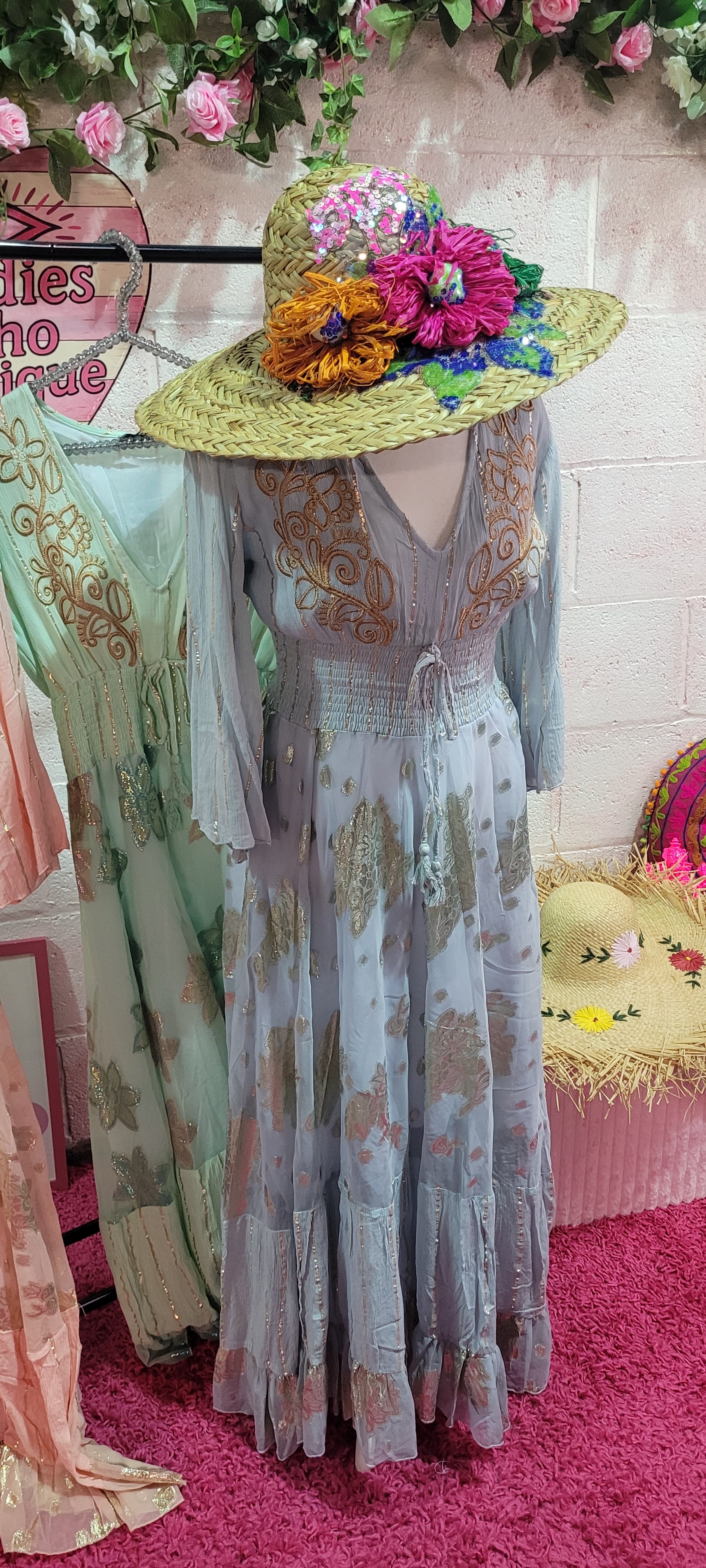 Bo Embroidered Gilt Thread Maxi Dress Blue