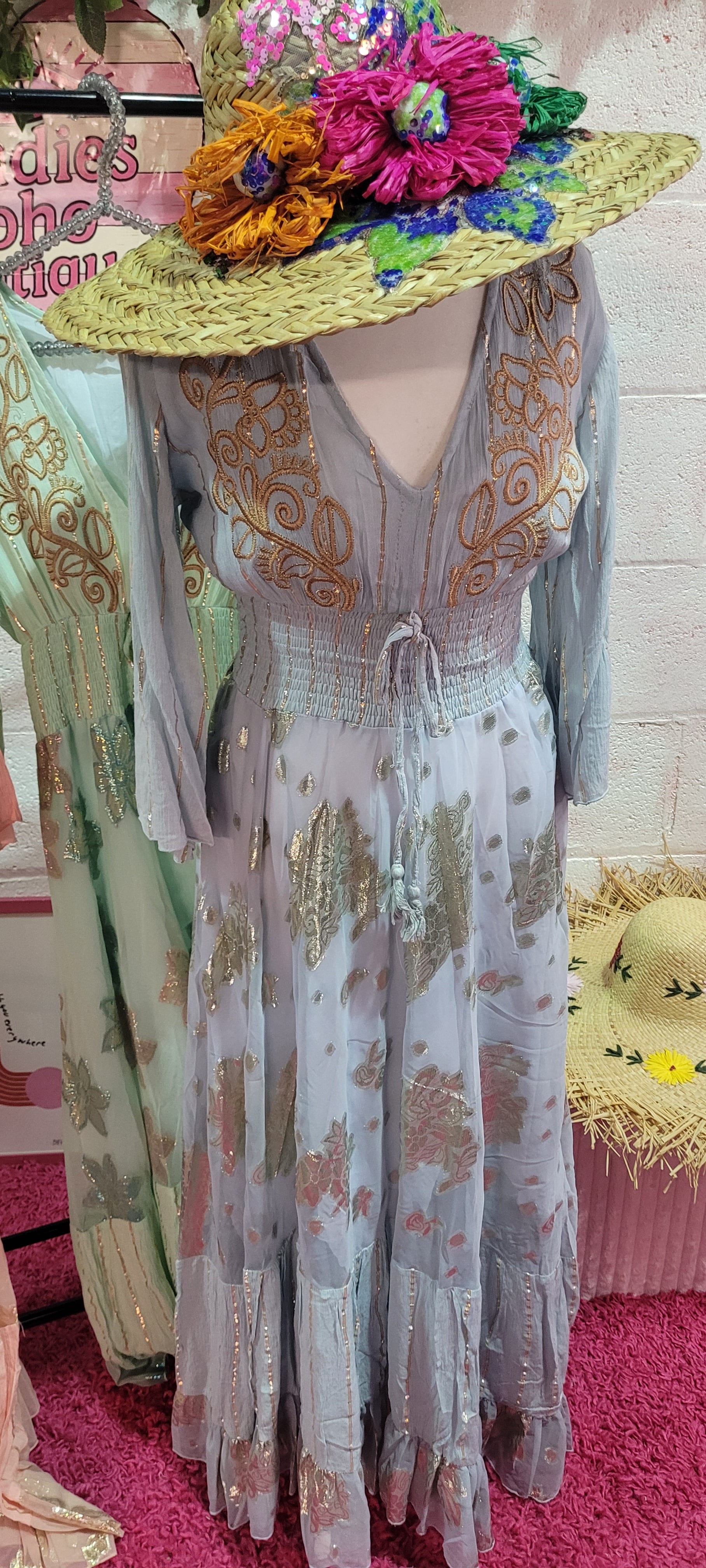 Bo Embroidered Gilt Thread Maxi Dress Blue