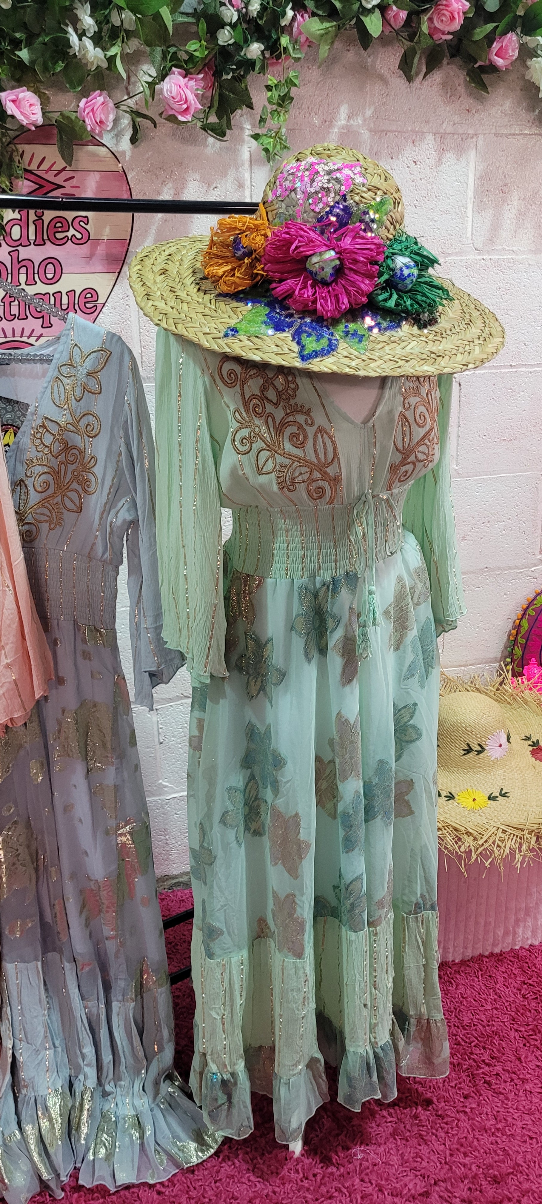 Bo Embroidered Gilt Thread Maxi Dress Mint