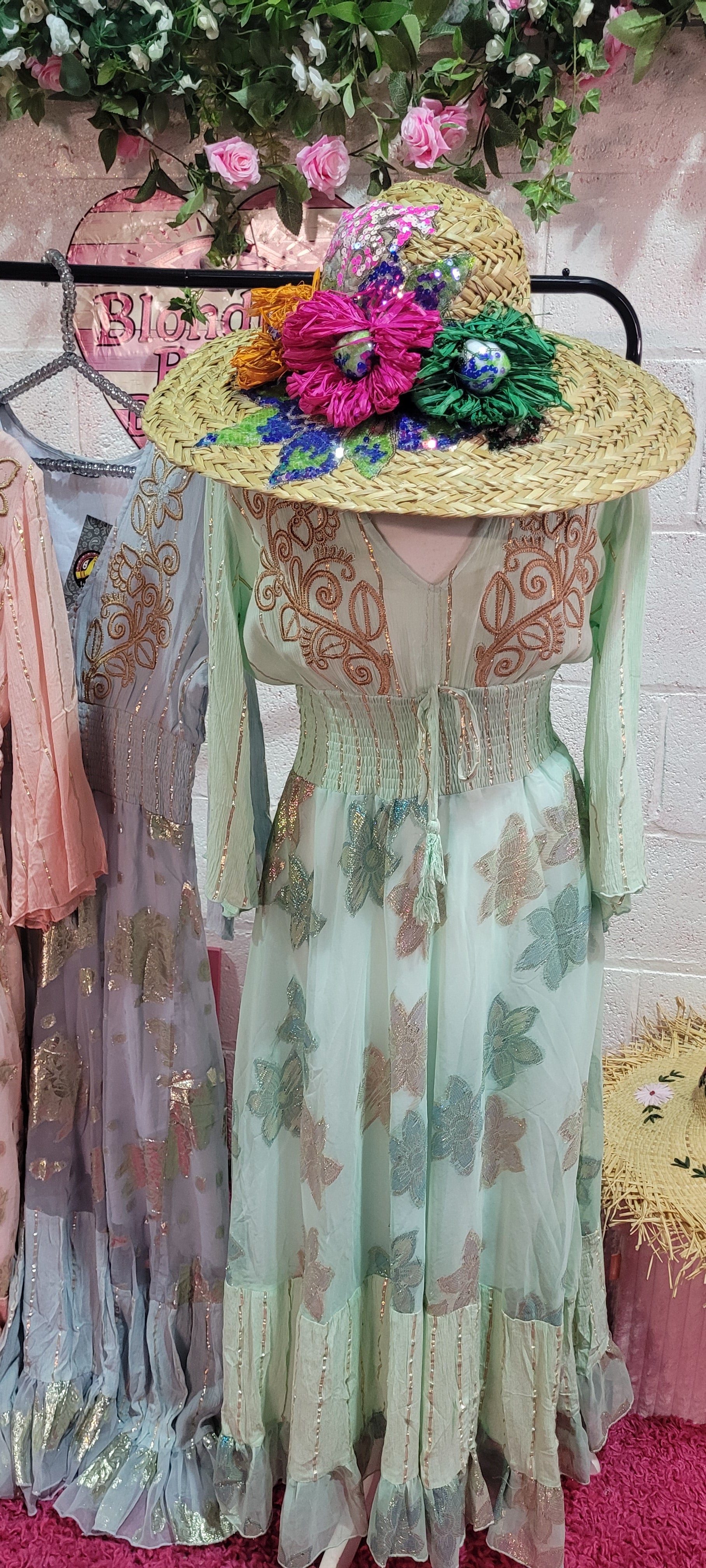 Bo Embroidered Gilt Thread Maxi Dress Mint