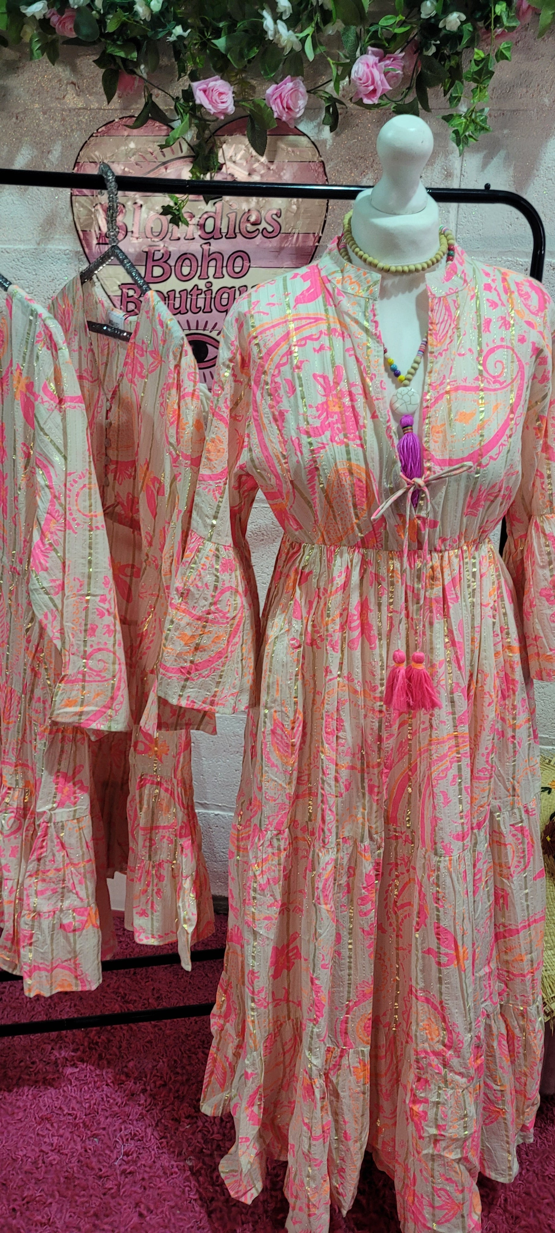 Ibiza Vibes Neon Bow V Necked Maxi Dress Pink & Gold