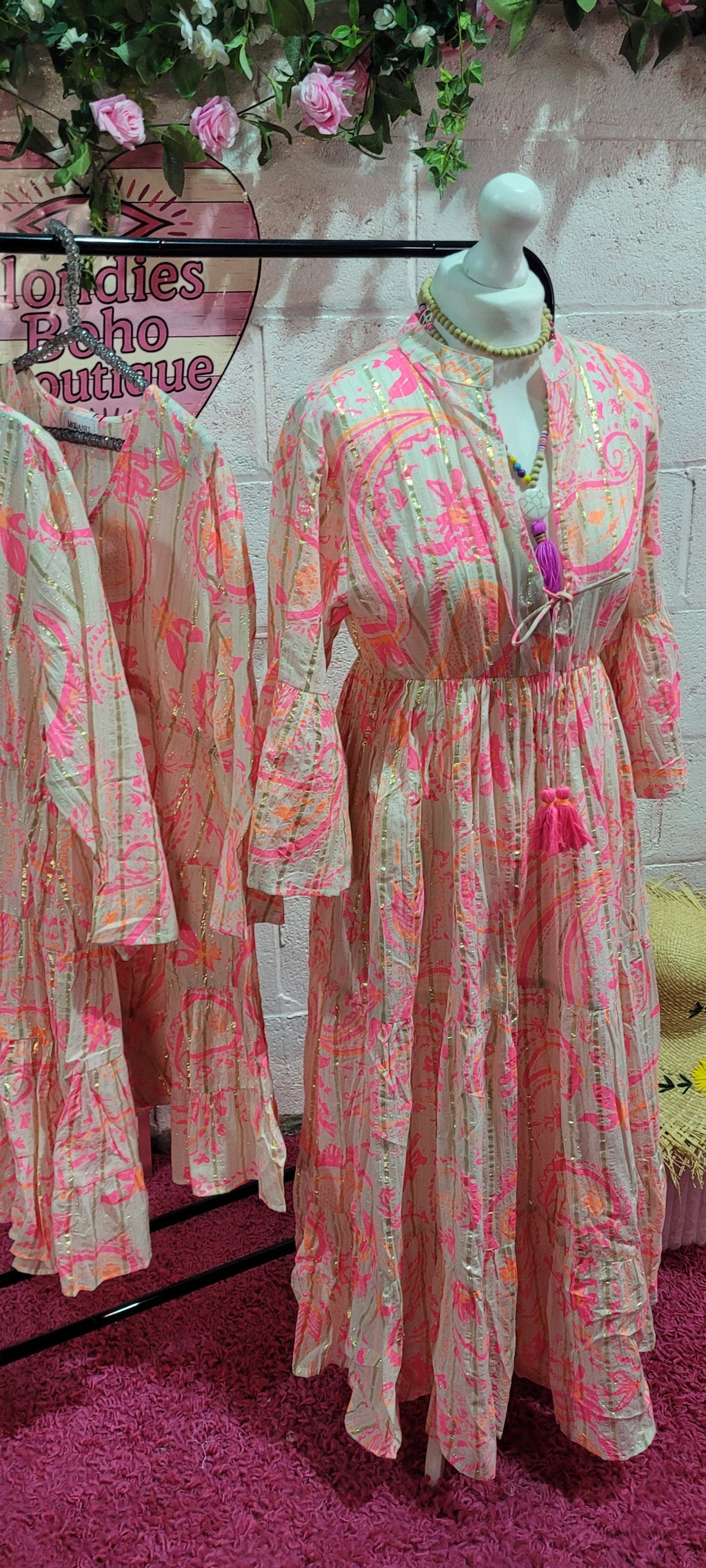 Ibiza Vibes Neon Bow V Necked Maxi Dress Pink & Gold