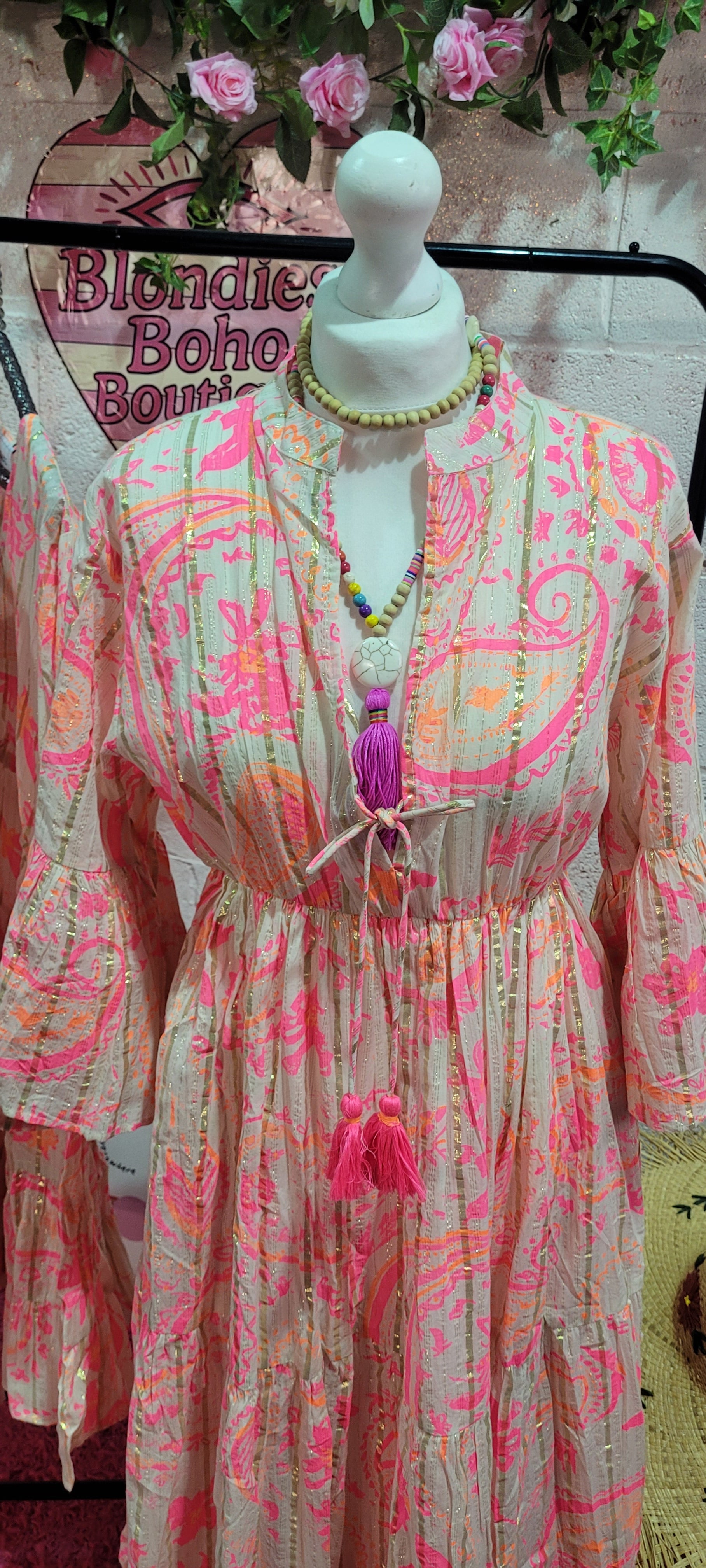 Ibiza Vibes Neon Bow V Necked Maxi Dress Pink & Gold